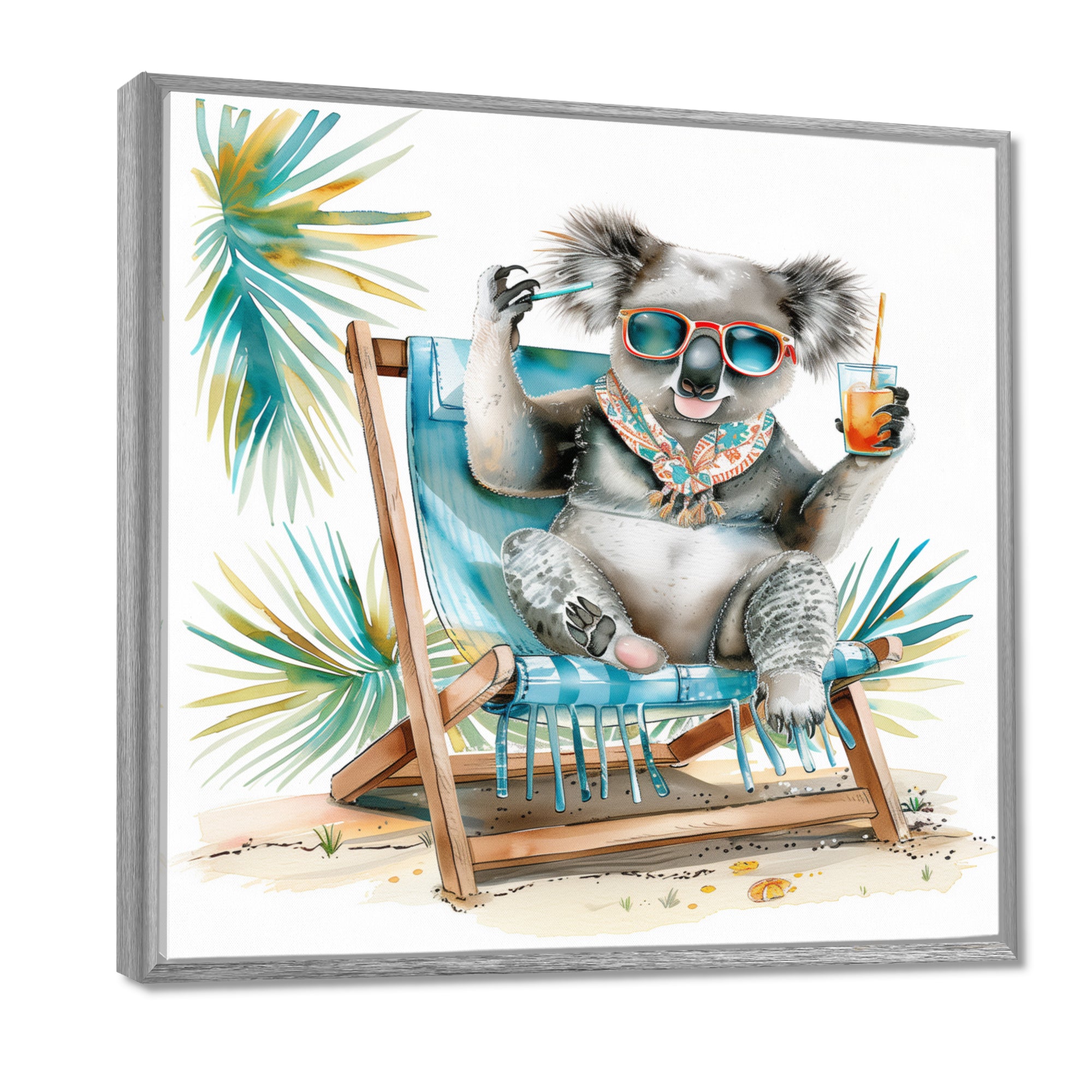 Cute Koala Beach Chair Relaxing - Gray Coastal Animal Wall Art