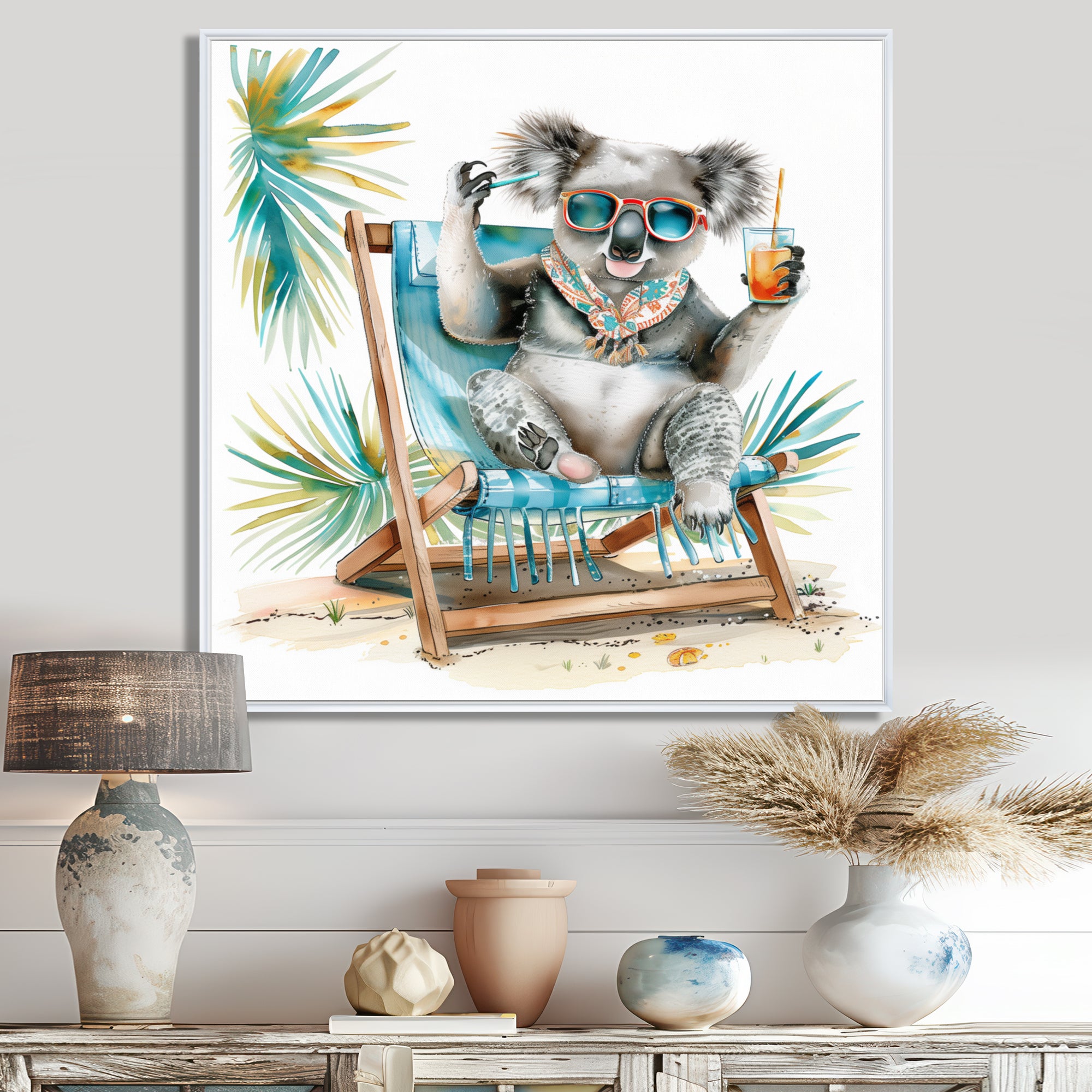 Cute Koala Beach Chair Relaxing - Gray Coastal Animal Wall Art
