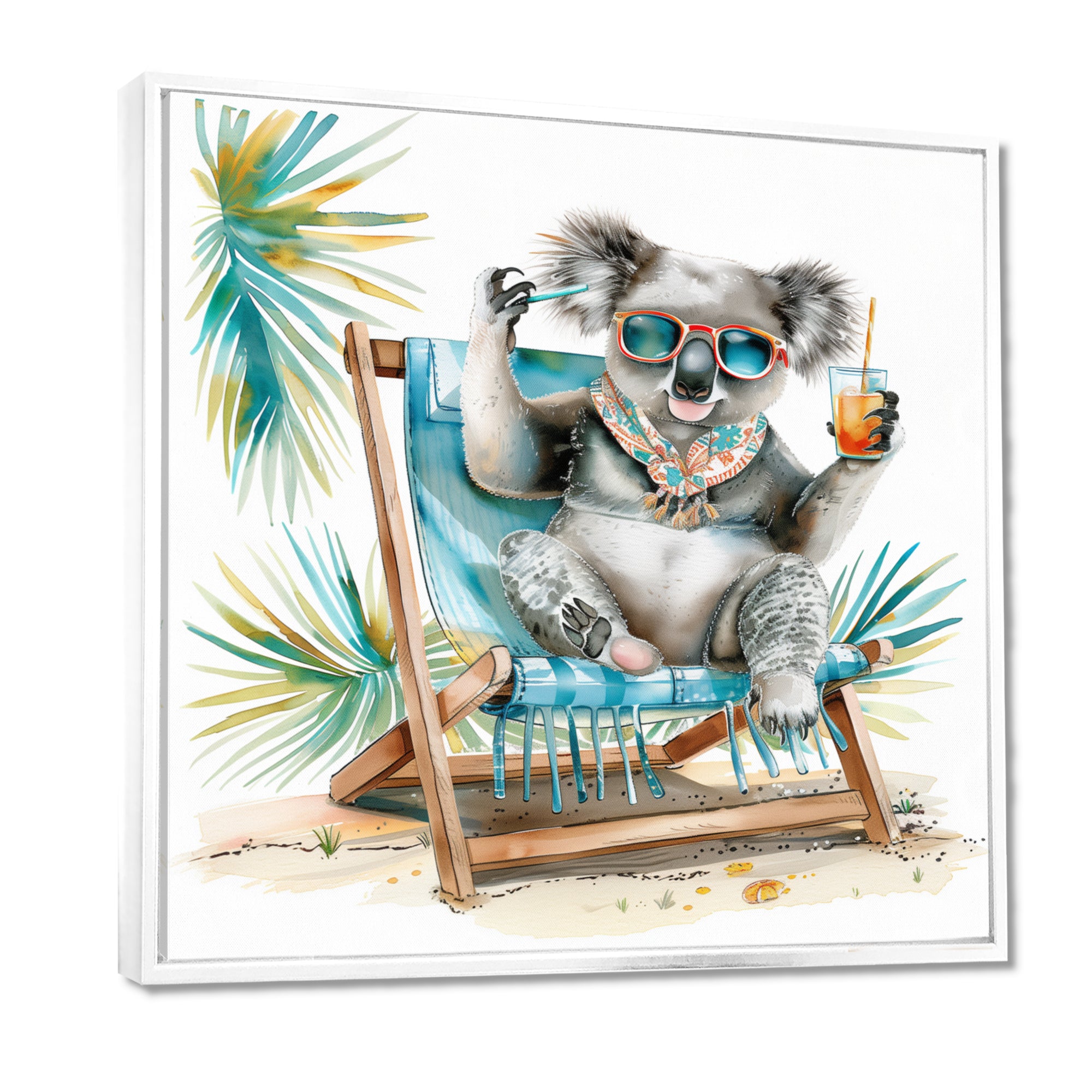Cute Koala Beach Chair Relaxing - Gray Coastal Animal Wall Art