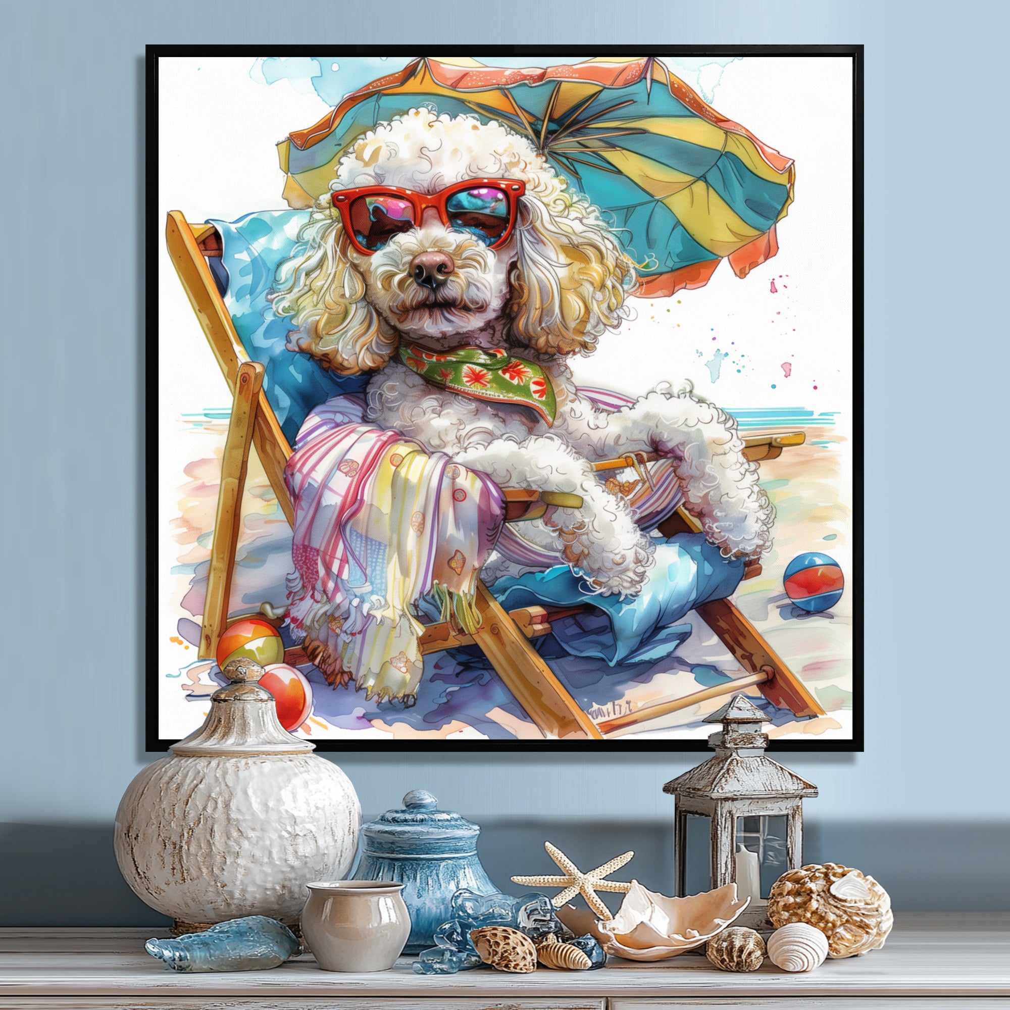 Poodle Dog Beach Relaxing Paradise - Coastal Animal Framed Canvas Art