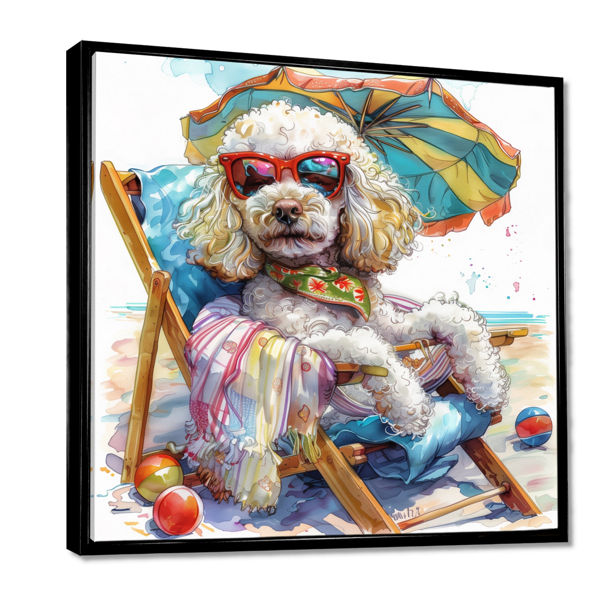 Poodle Dog Beach Relaxing Paradise - Coastal Animal Framed Canvas Art