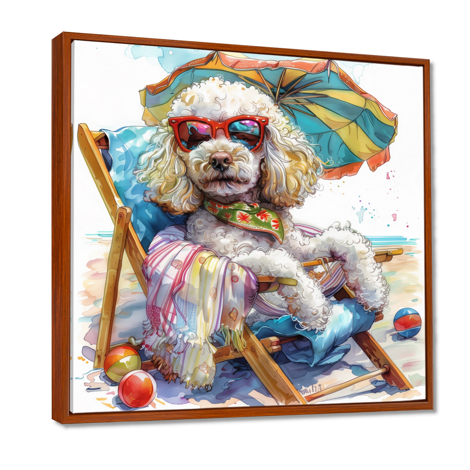 Poodle Dog Beach Relaxing Paradise - Coastal Animal Framed Canvas Art