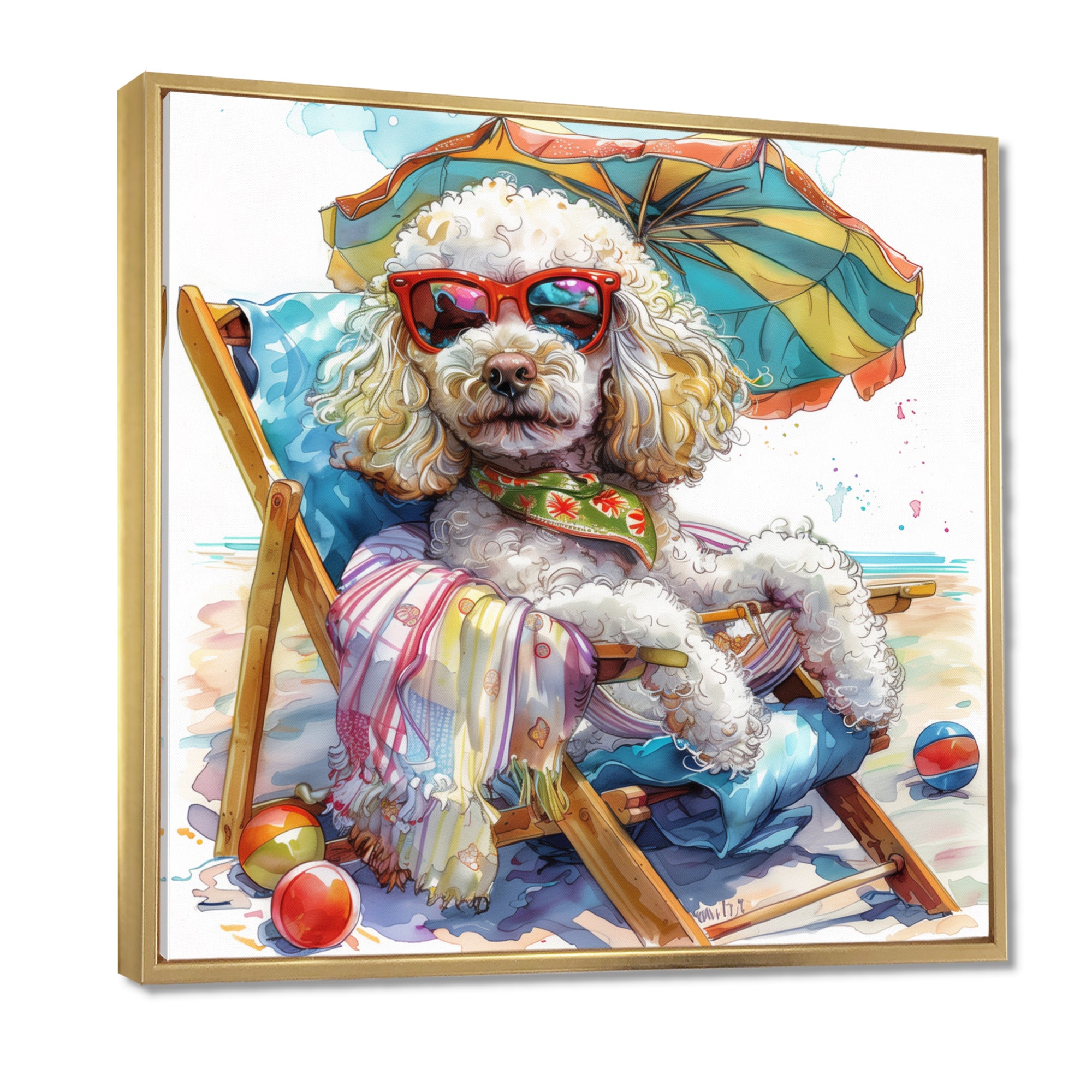 Poodle Dog Beach Relaxing Paradise - Coastal Animal Framed Canvas Art
