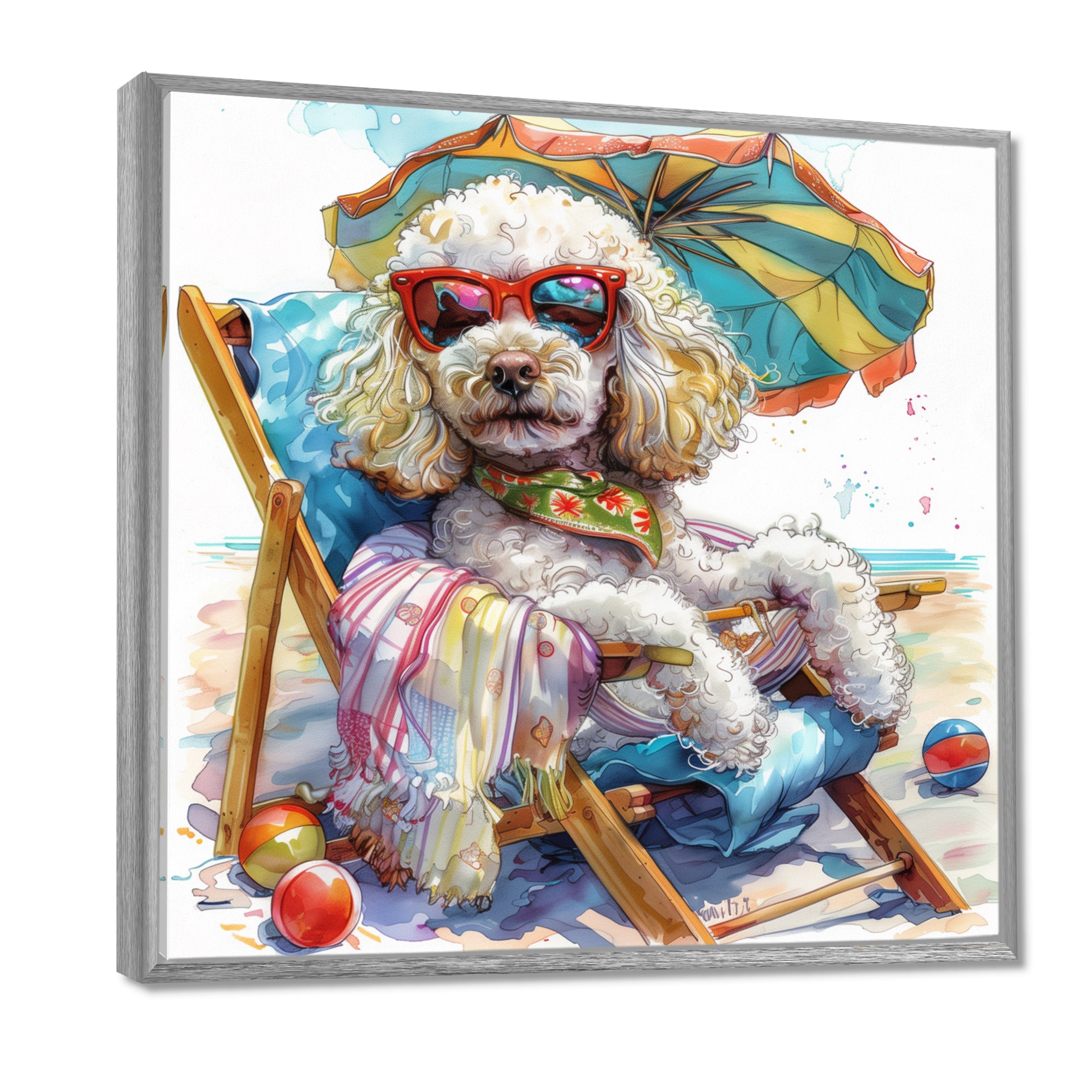 Poodle Dog Beach Relaxing Paradise - Coastal Animal Framed Canvas Art