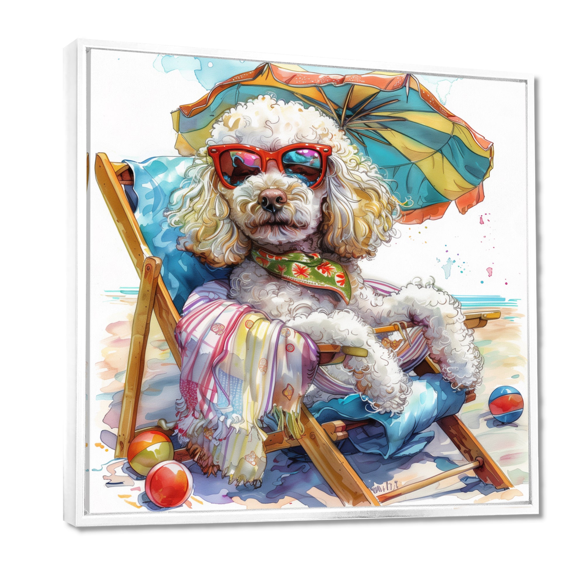 Poodle Dog Beach Relaxing Paradise - Coastal Animal Framed Canvas Art