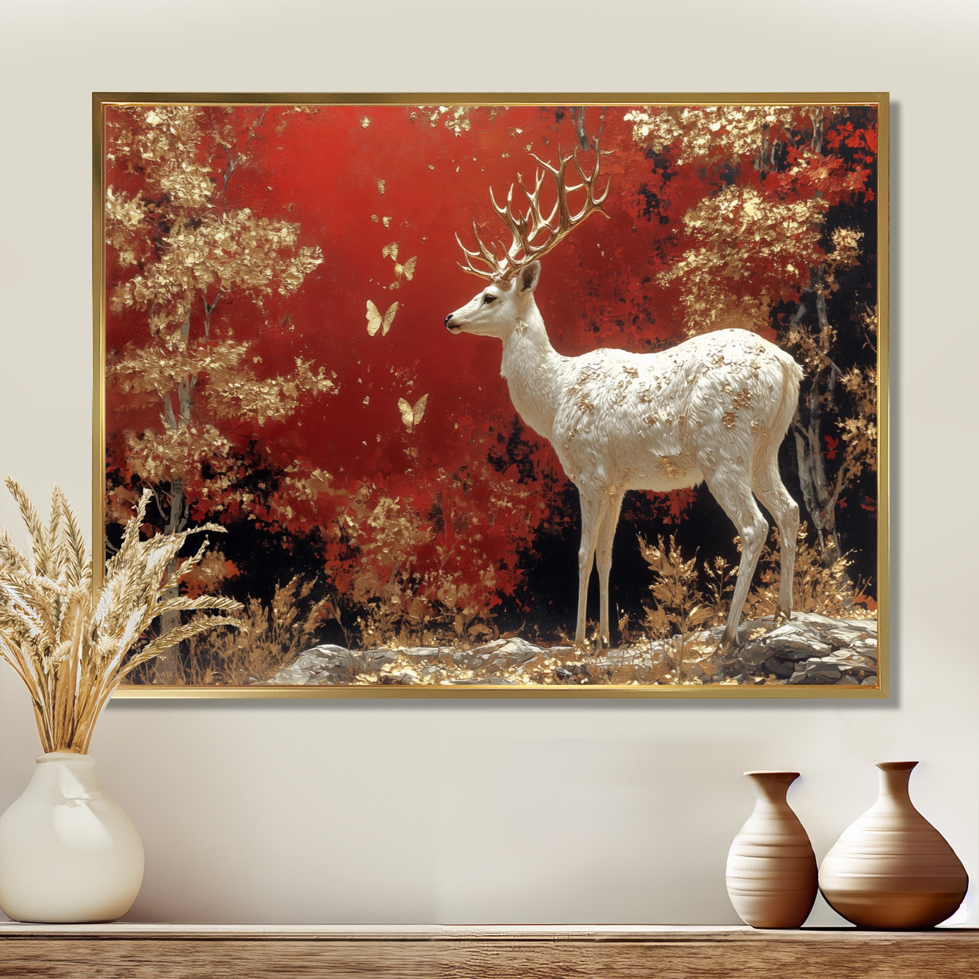 Gold And Red Scandinavian Deer Landscape - Deer Canvas Wall Art
