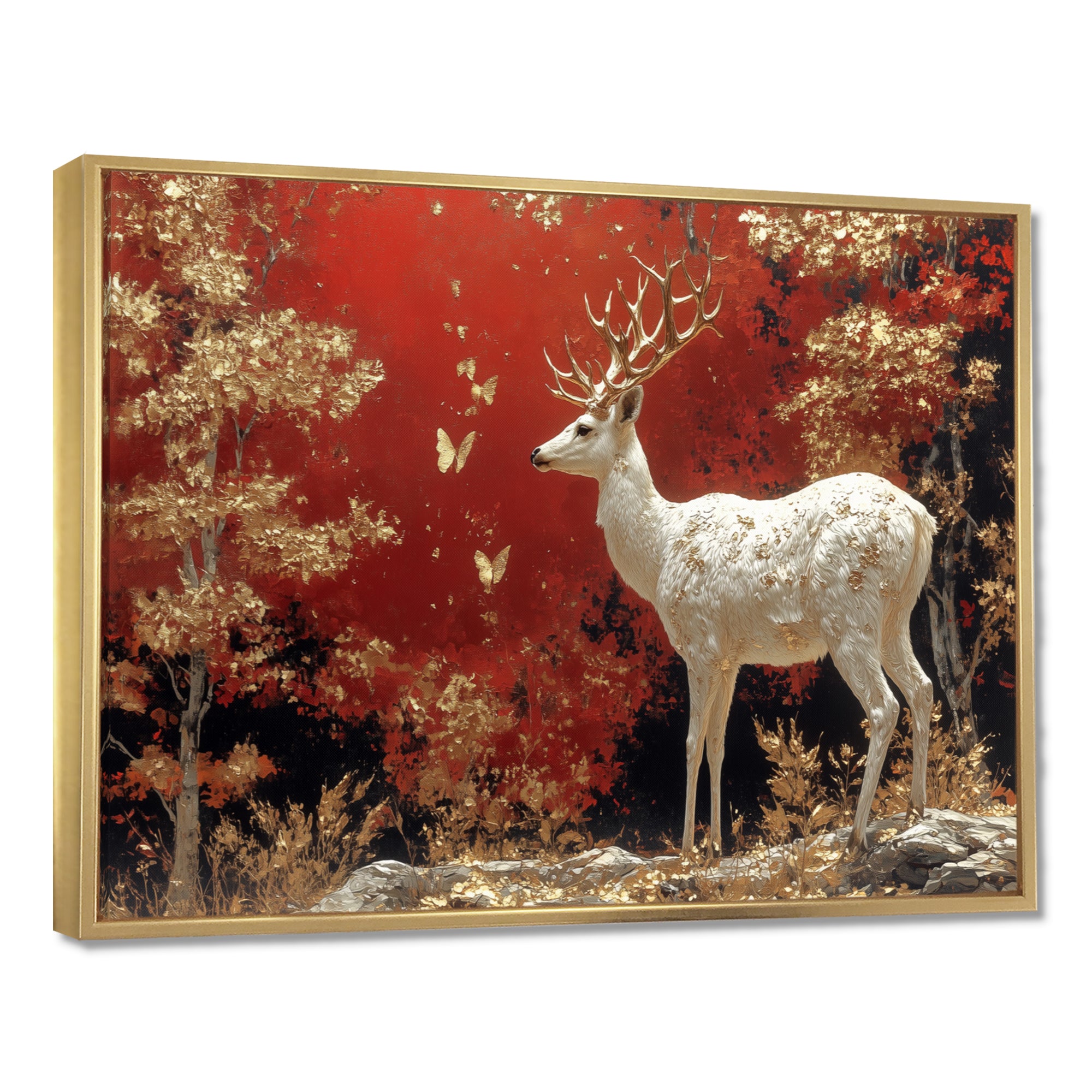 Gold And Red Scandinavian Deer Landscape - Deer Canvas Wall Art
