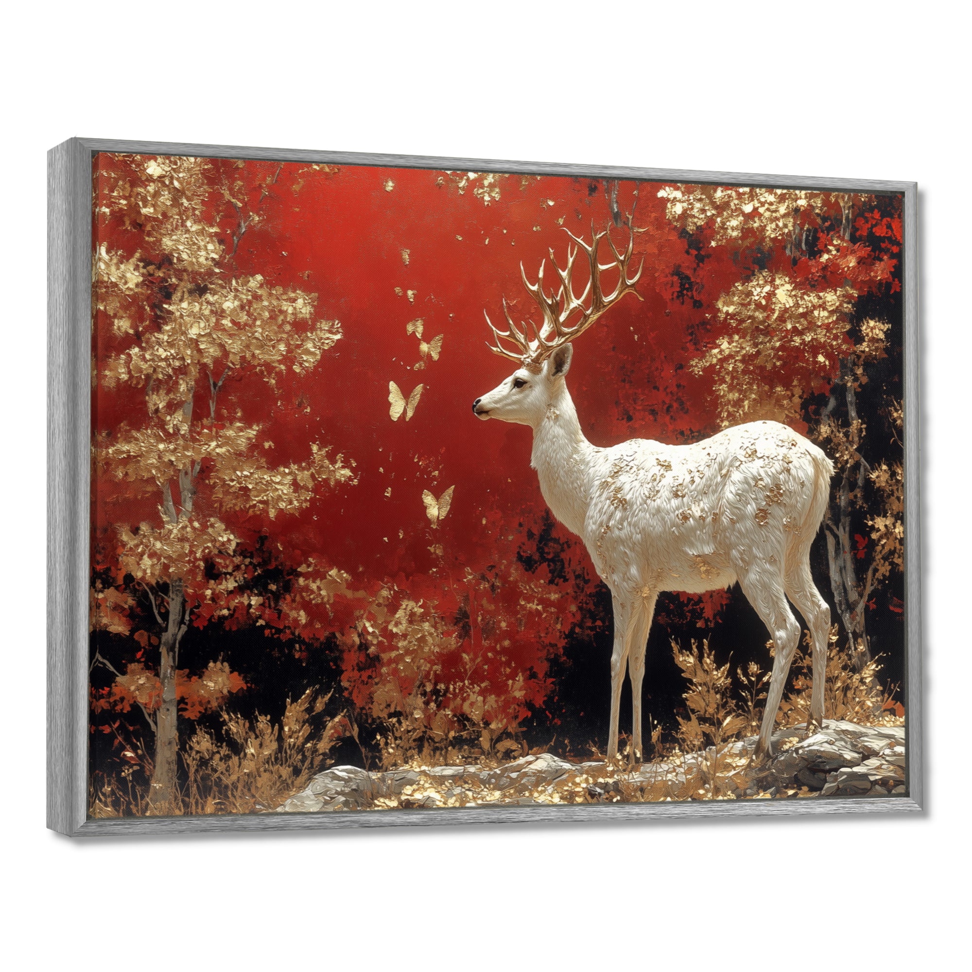 Gold And Red Scandinavian Deer Landscape - Deer Canvas Wall Art