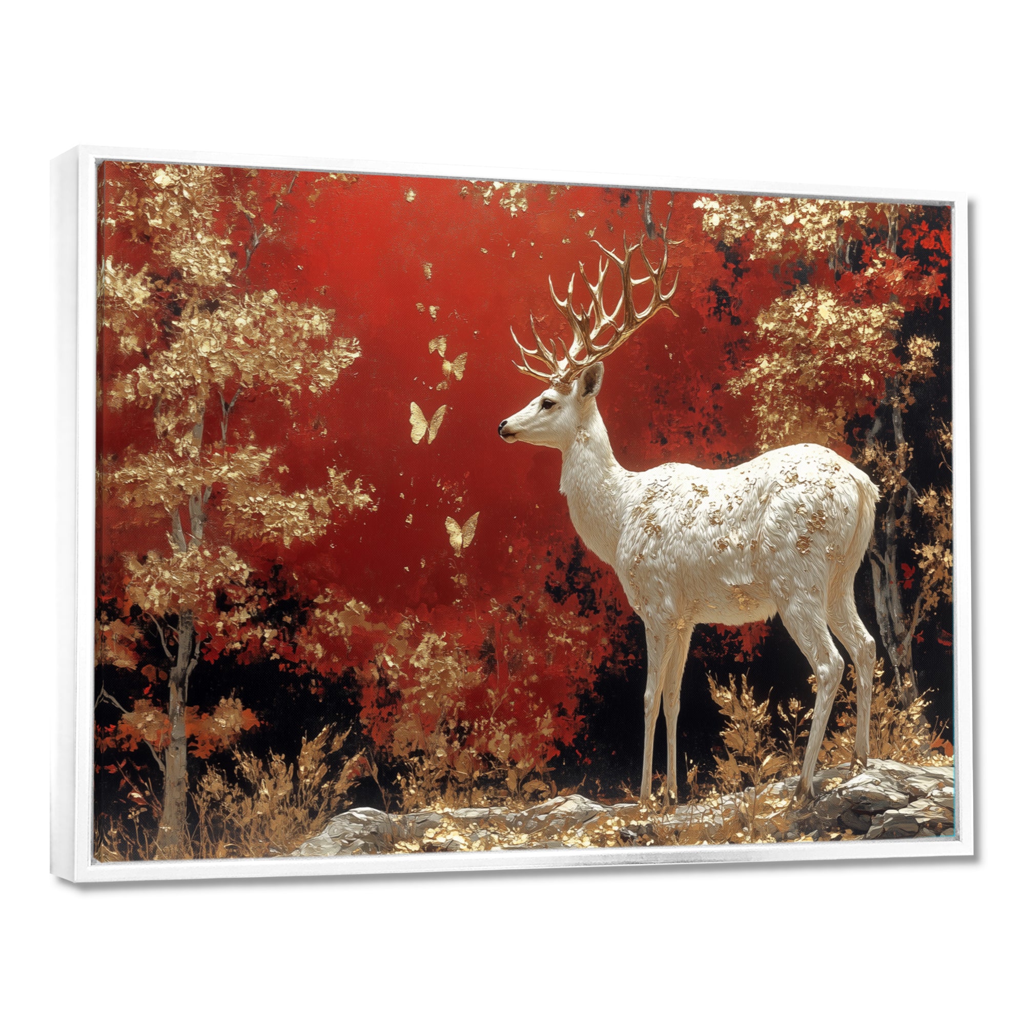Gold And Red Scandinavian Deer Landscape - Deer Canvas Wall Art