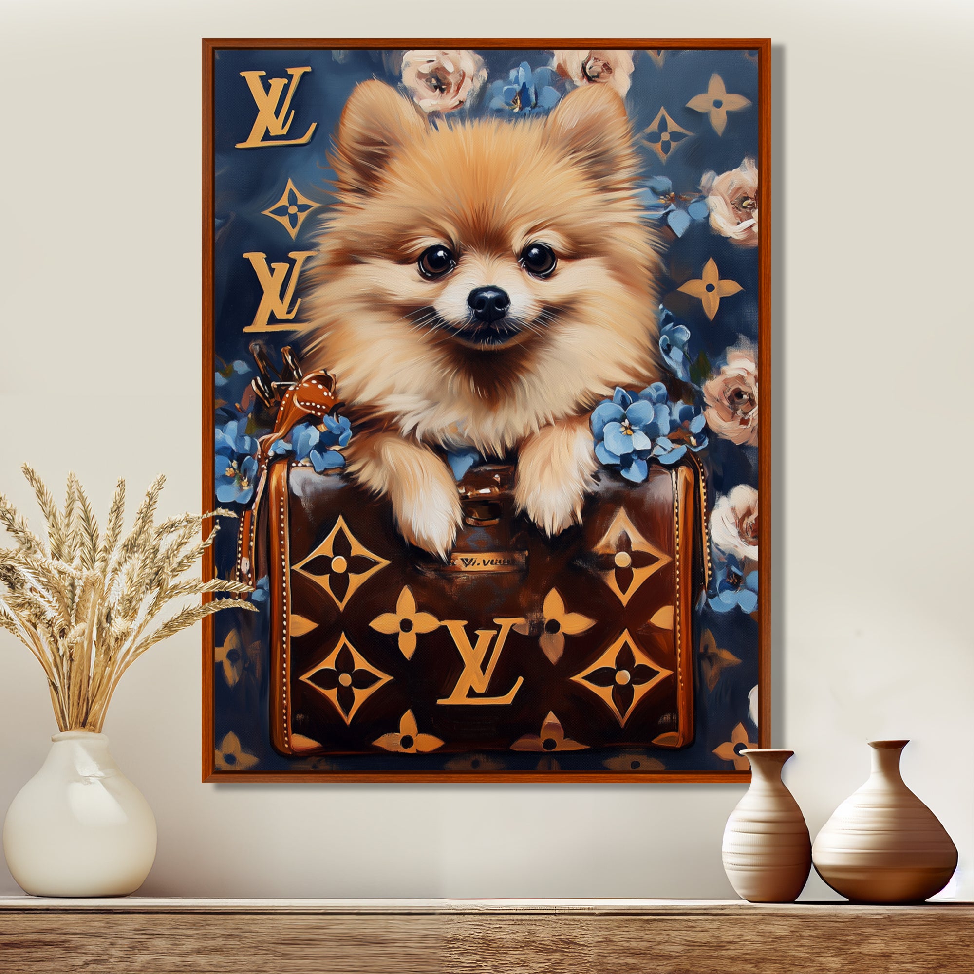 High Fashion Pomeranian Dog In Handbag - Dog Canvas Wall Art