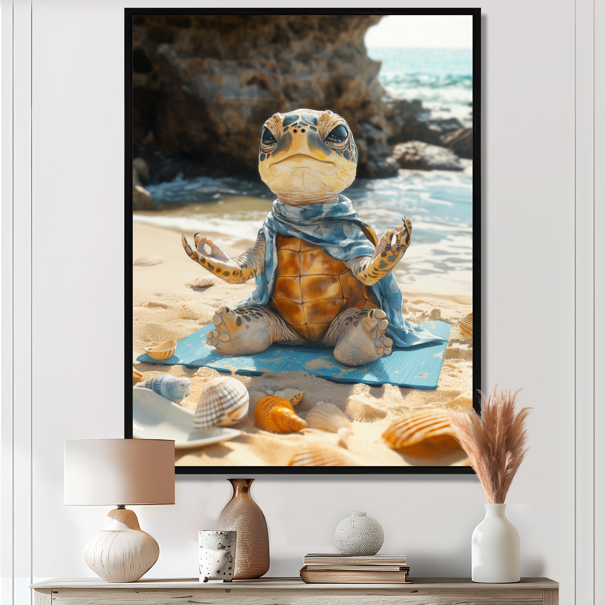 Funny Turtle On The Beach Doing Yoga - Turtle Bedroom Wall Art