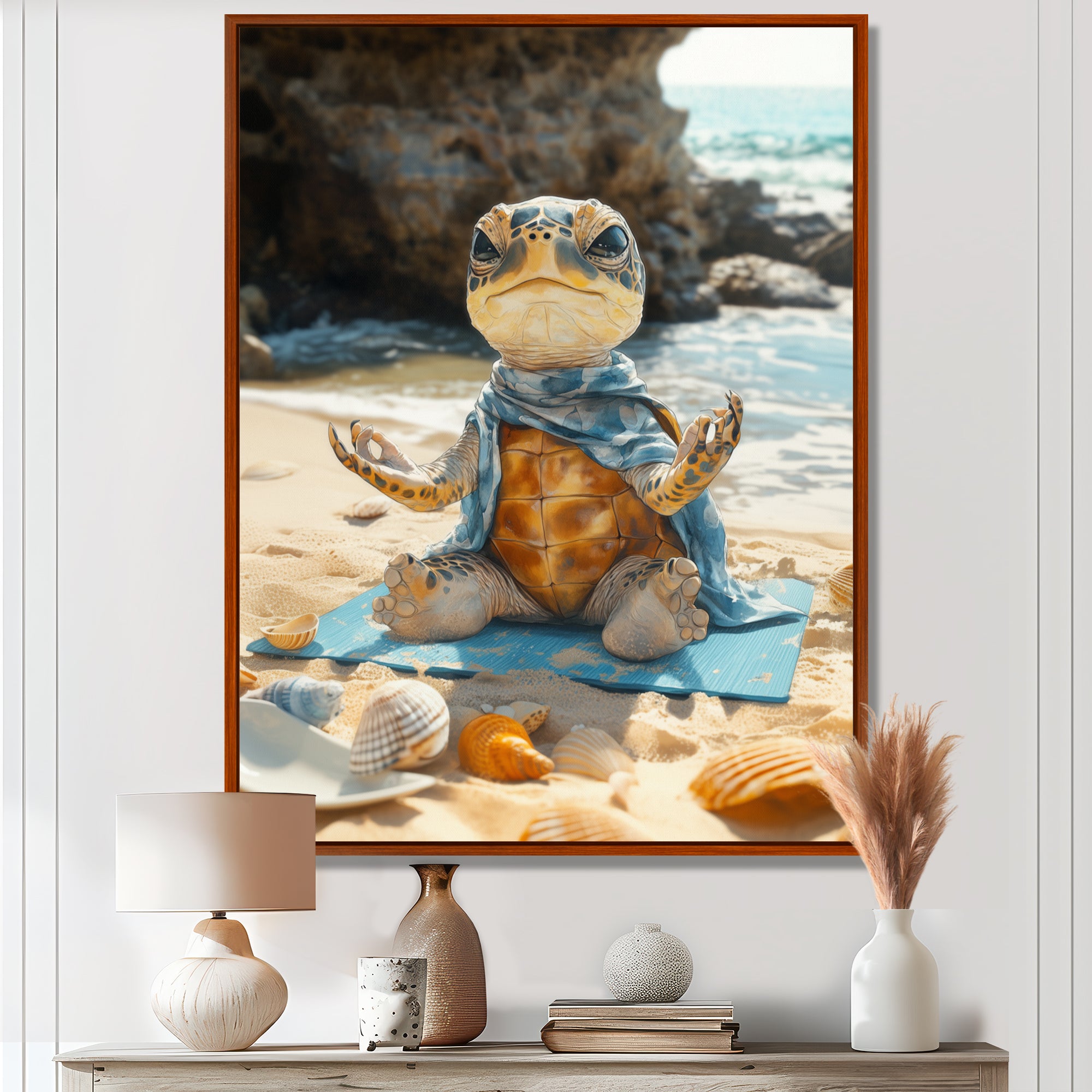 Funny Turtle On The Beach Doing Yoga - Turtle Bedroom Wall Art