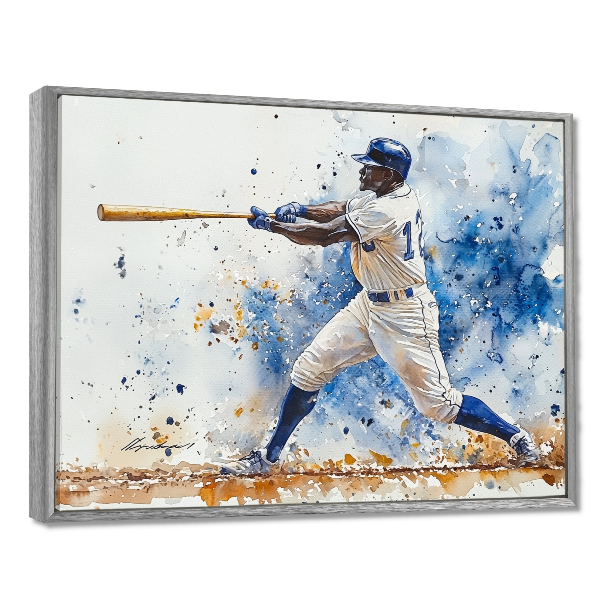 White Blue Baseball Player Hitting A Foul Ball - Sport Baseball Canvas Wall Art