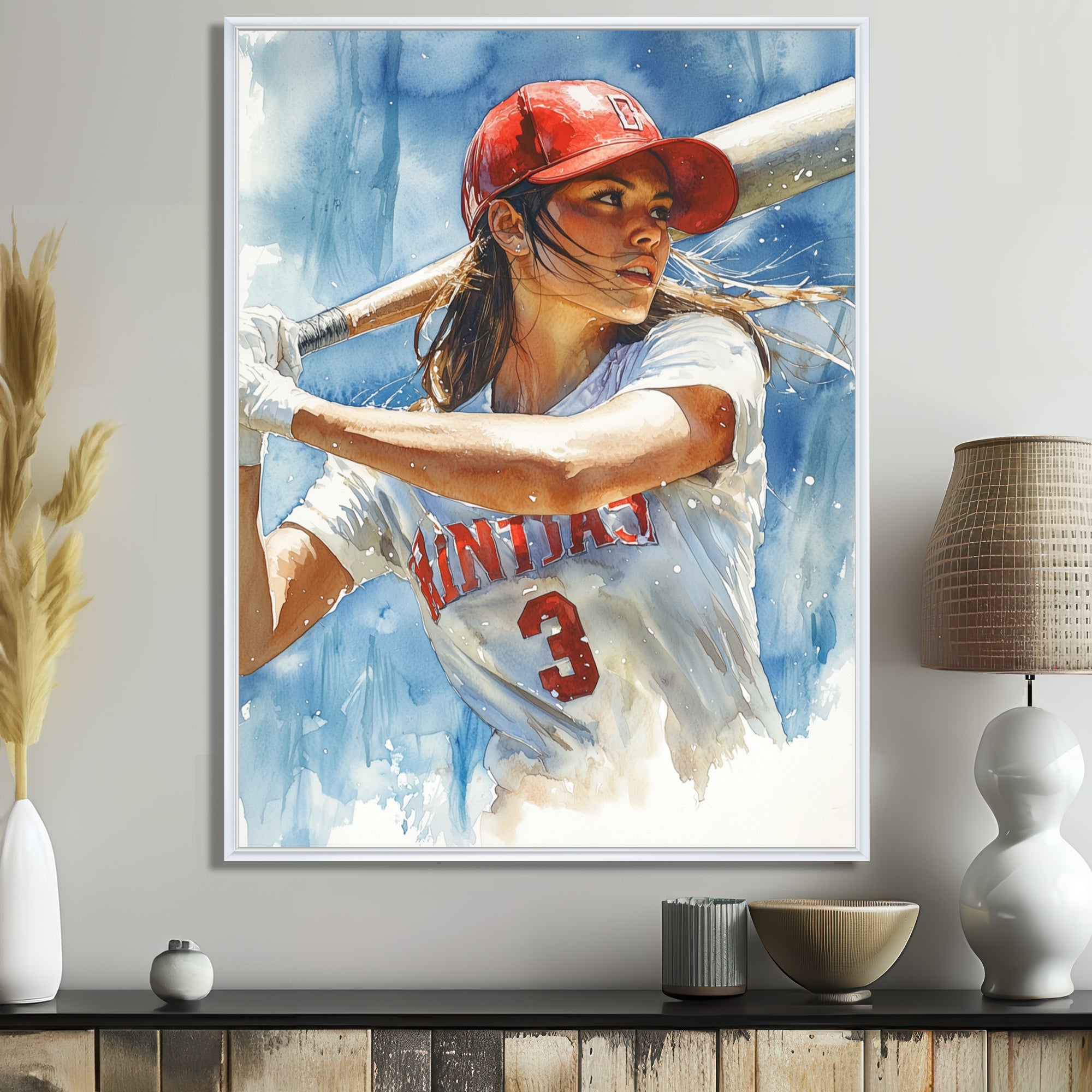 White Red Baseball Player At The Pitch - Sport Baseball Canvas Wall Art