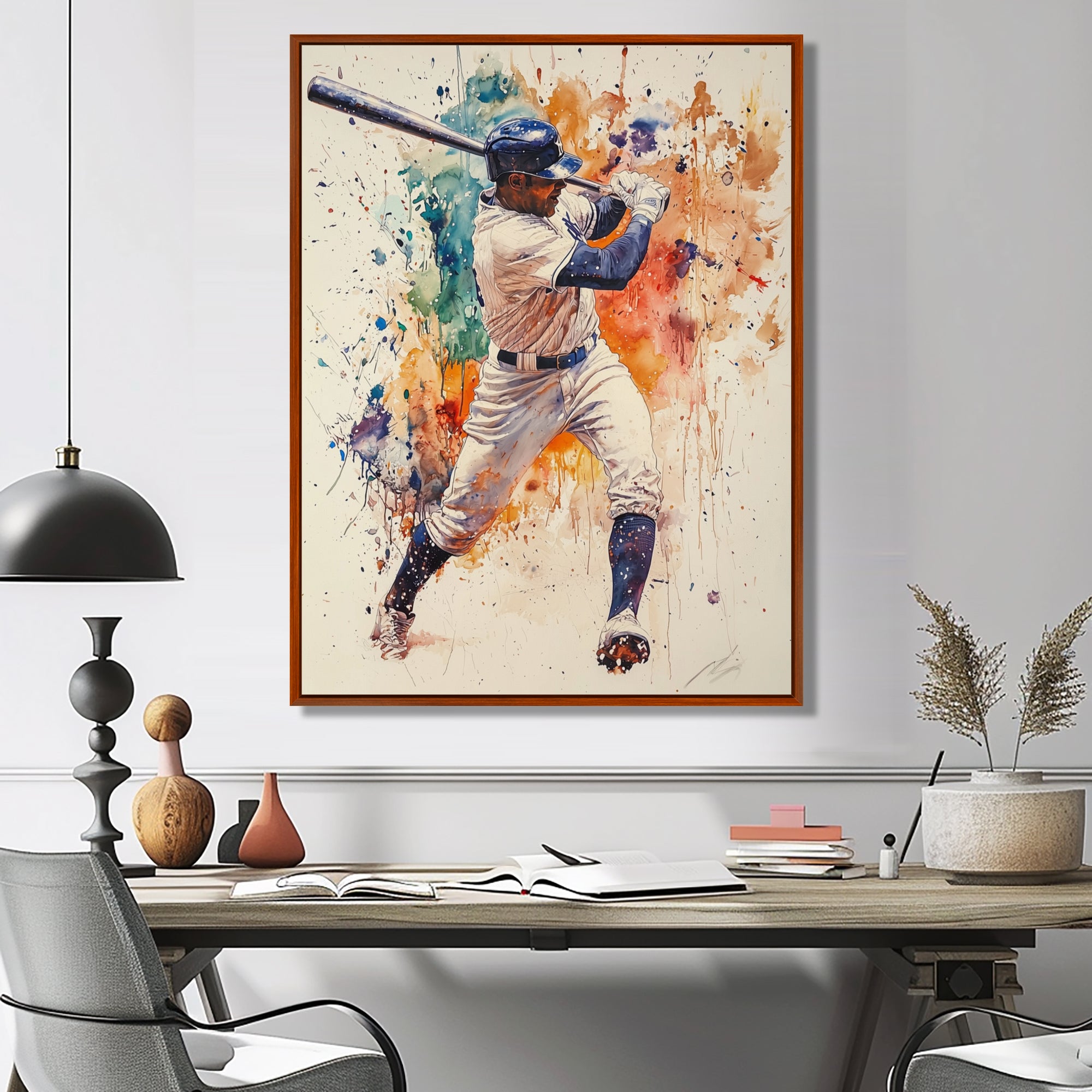 White Blue Baseball Player Hitting A Home Run - Sport Baseball Canvas Wall Art