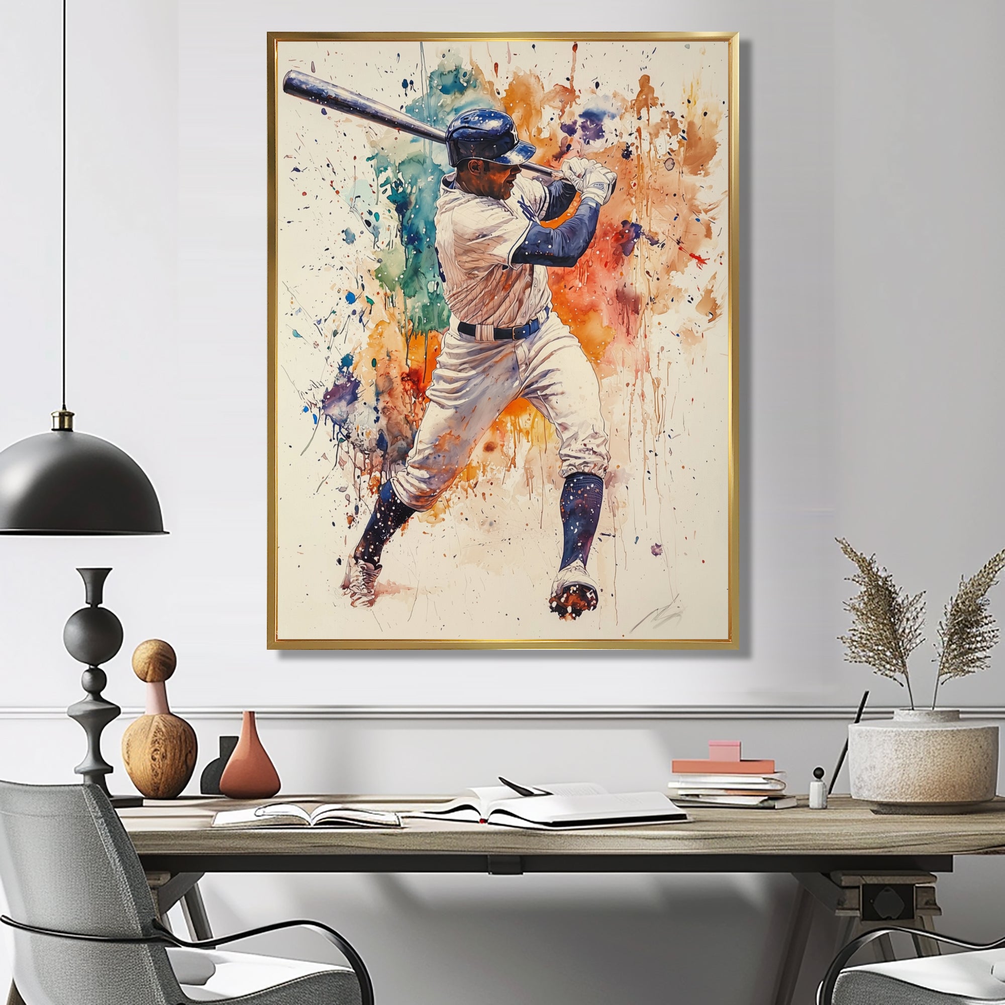 White Blue Baseball Player Hitting A Home Run - Sport Baseball Canvas Wall Art