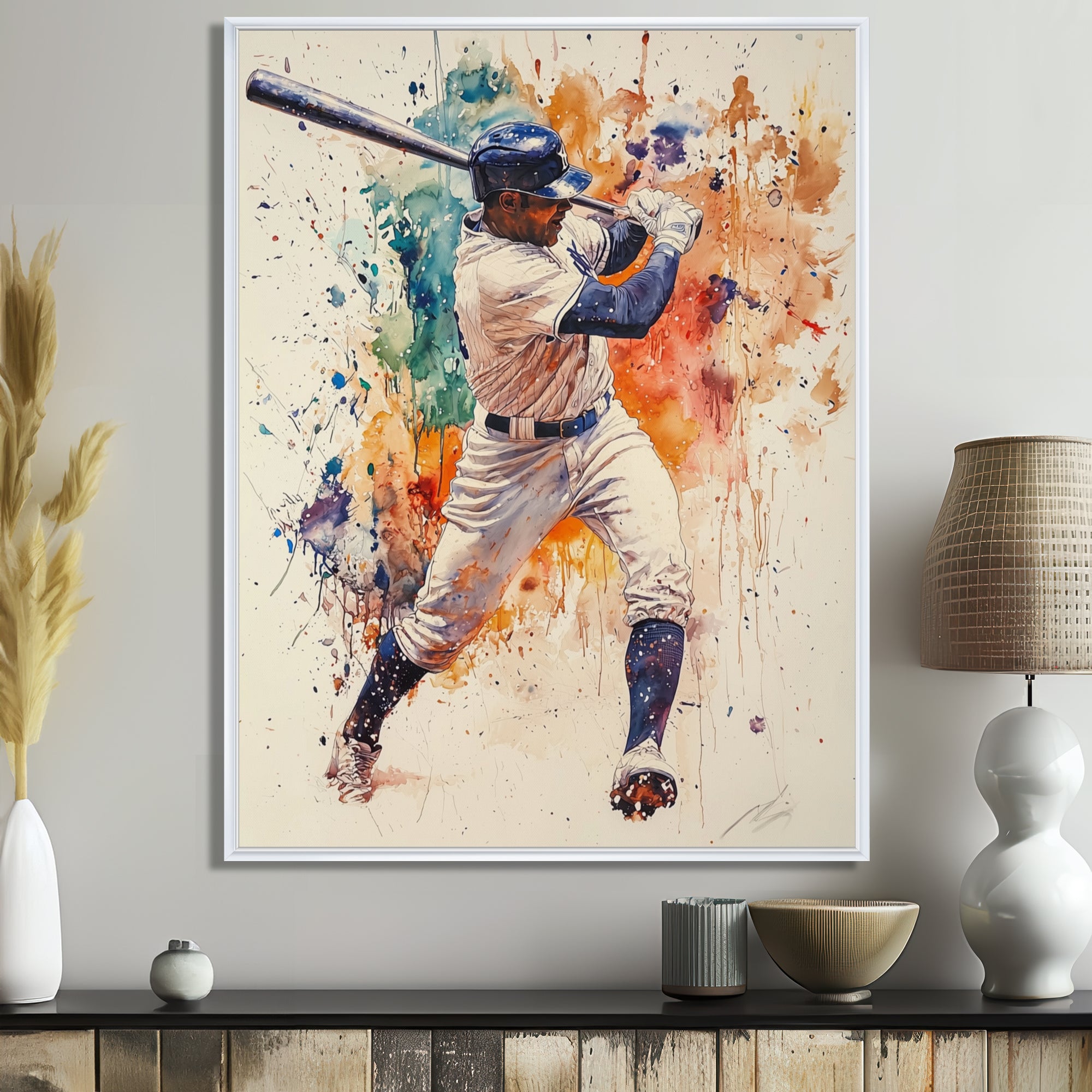 White Blue Baseball Player Hitting A Home Run - Sport Baseball Canvas Wall Art