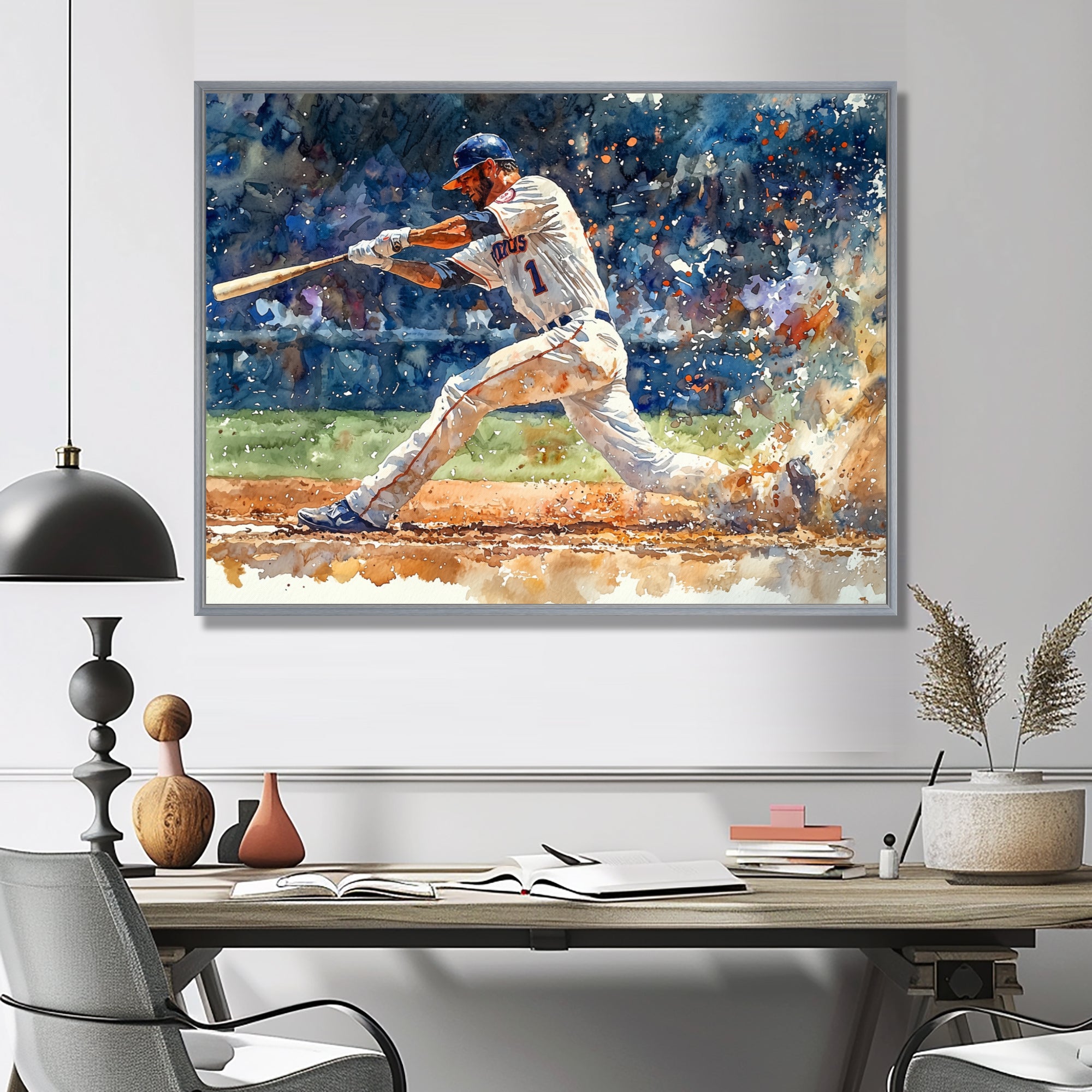 White Blue Baseball Player On The Field - Sport Baseball Canvas Wall Art