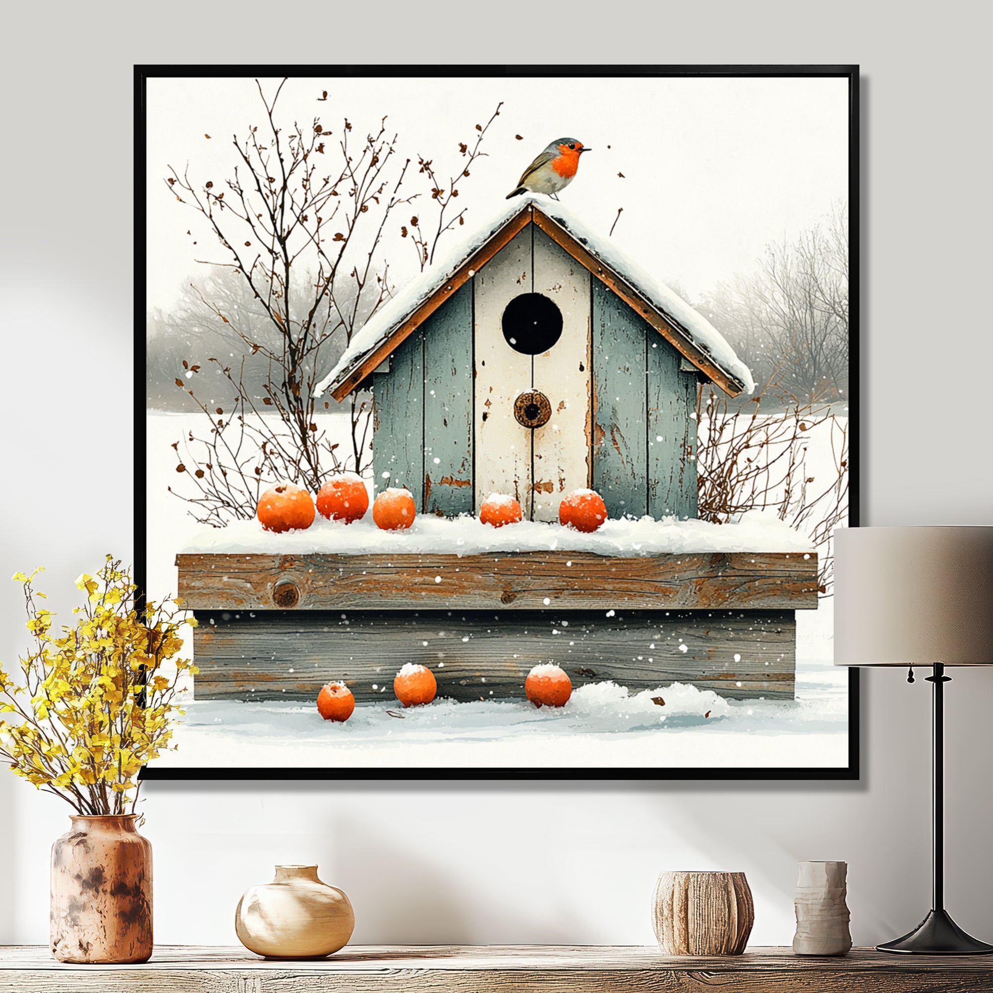 Grey And Orange Bird House Winter Wonderland - Bird House Wall Art Prints