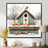 Grey And Orange Bird House Winter Wonderland - Bird House Wall Art Prints
