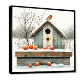 Grey And Orange Bird House Winter Wonderland - Bird House Wall Art Prints