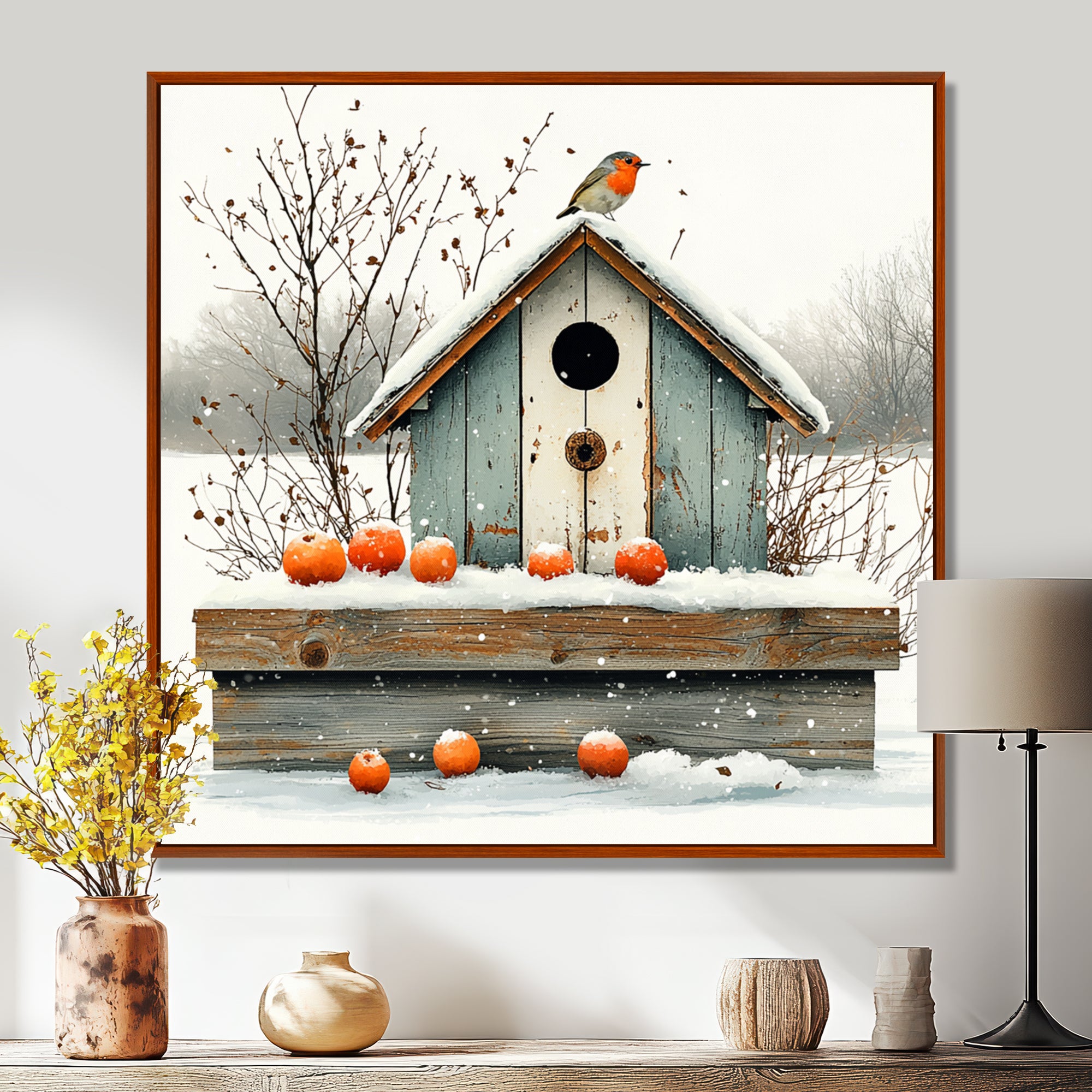 Grey And Orange Bird House Winter Wonderland - Bird House Wall Art Prints
