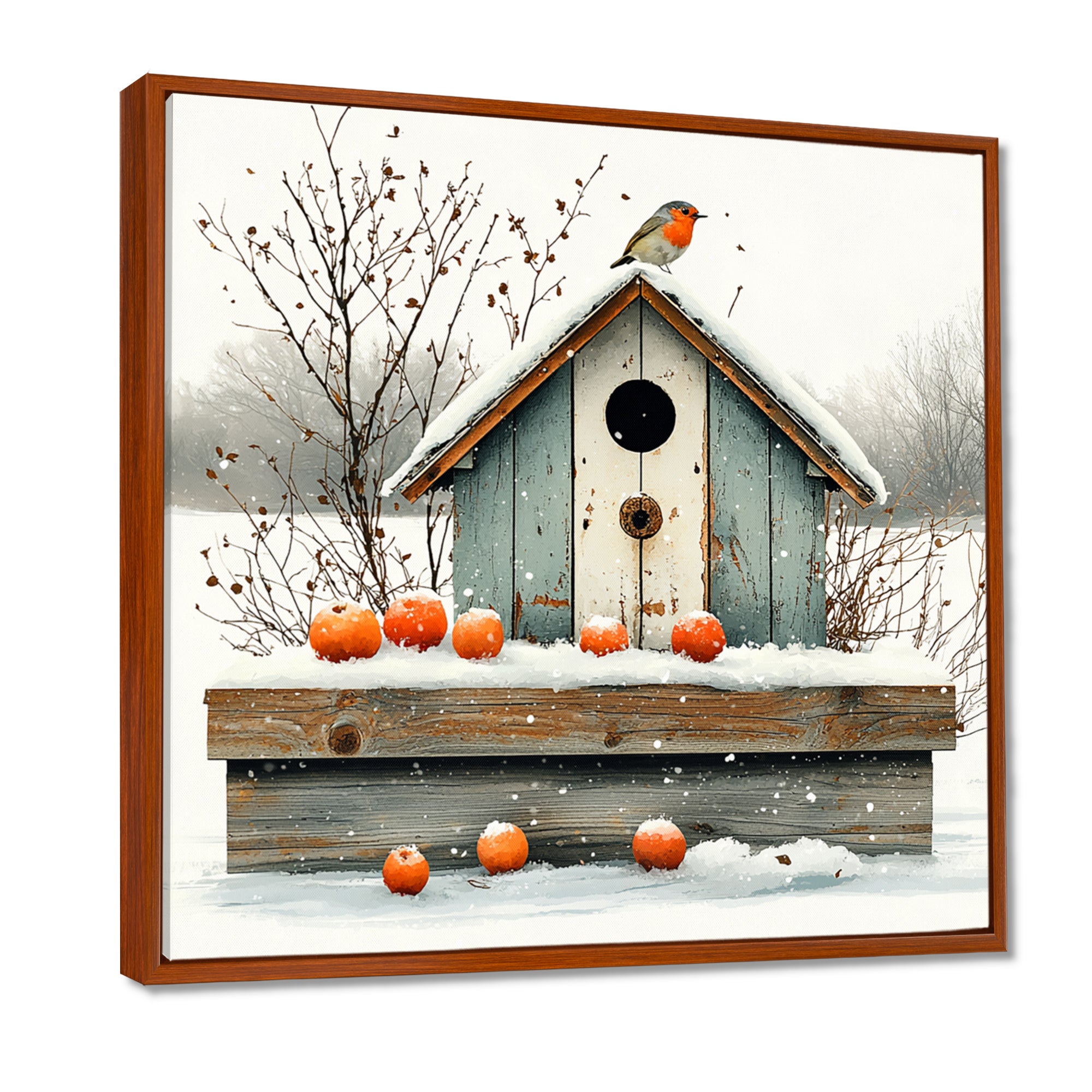 Grey And Orange Bird House Winter Wonderland - Bird House Wall Art Prints
