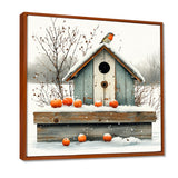 Grey And Orange Bird House Winter Wonderland - Bird House Wall Art Prints