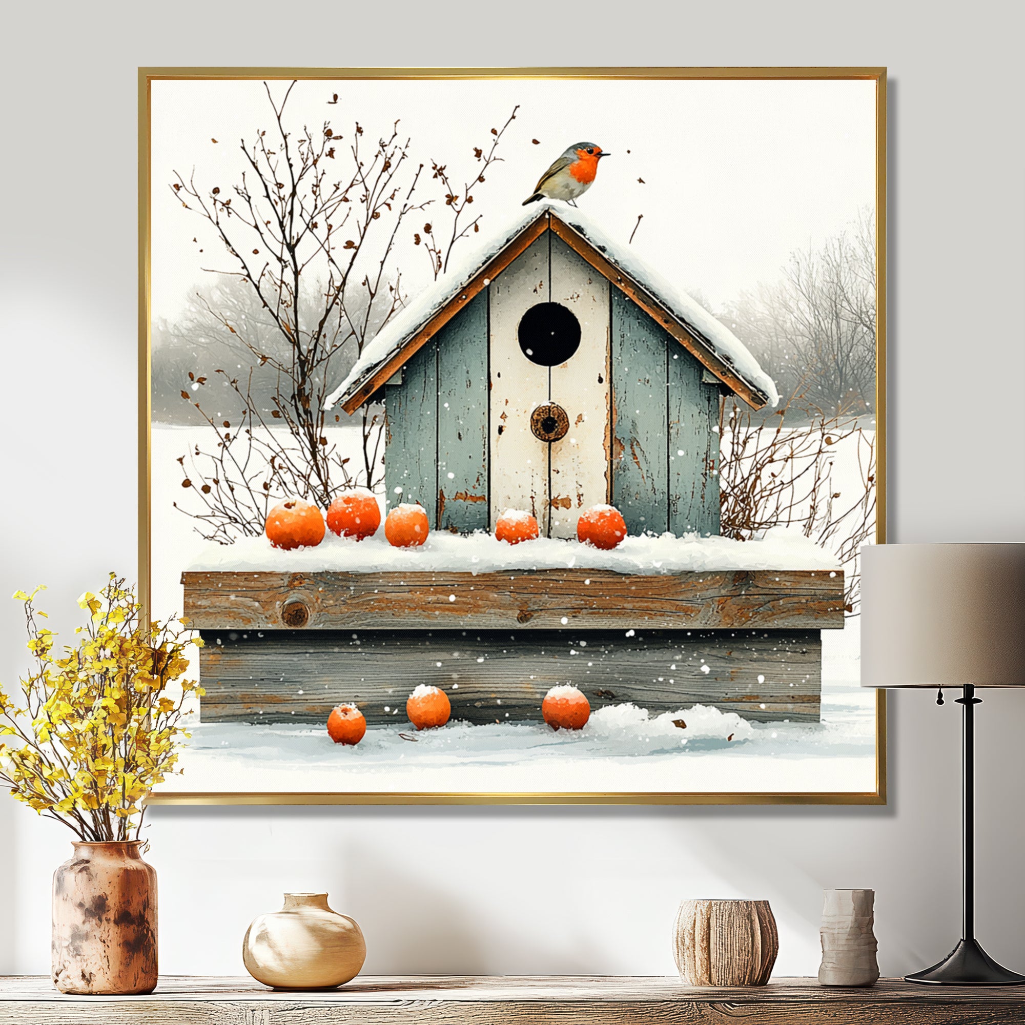 Grey And Orange Bird House Winter Wonderland - Bird House Wall Art Prints