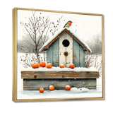 Grey And Orange Bird House Winter Wonderland - Bird House Wall Art Prints