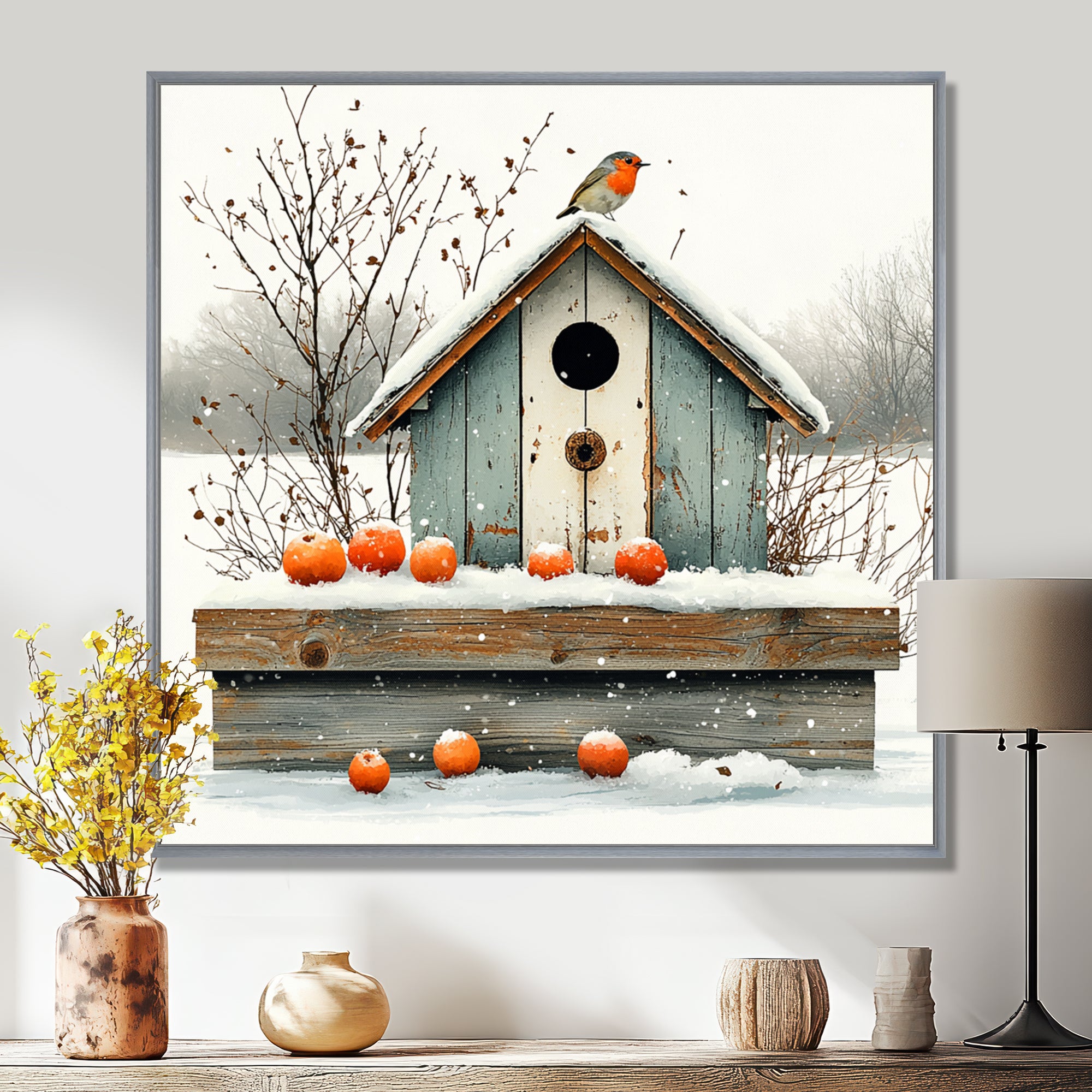 Grey And Orange Bird House Winter Wonderland - Bird House Wall Art Prints