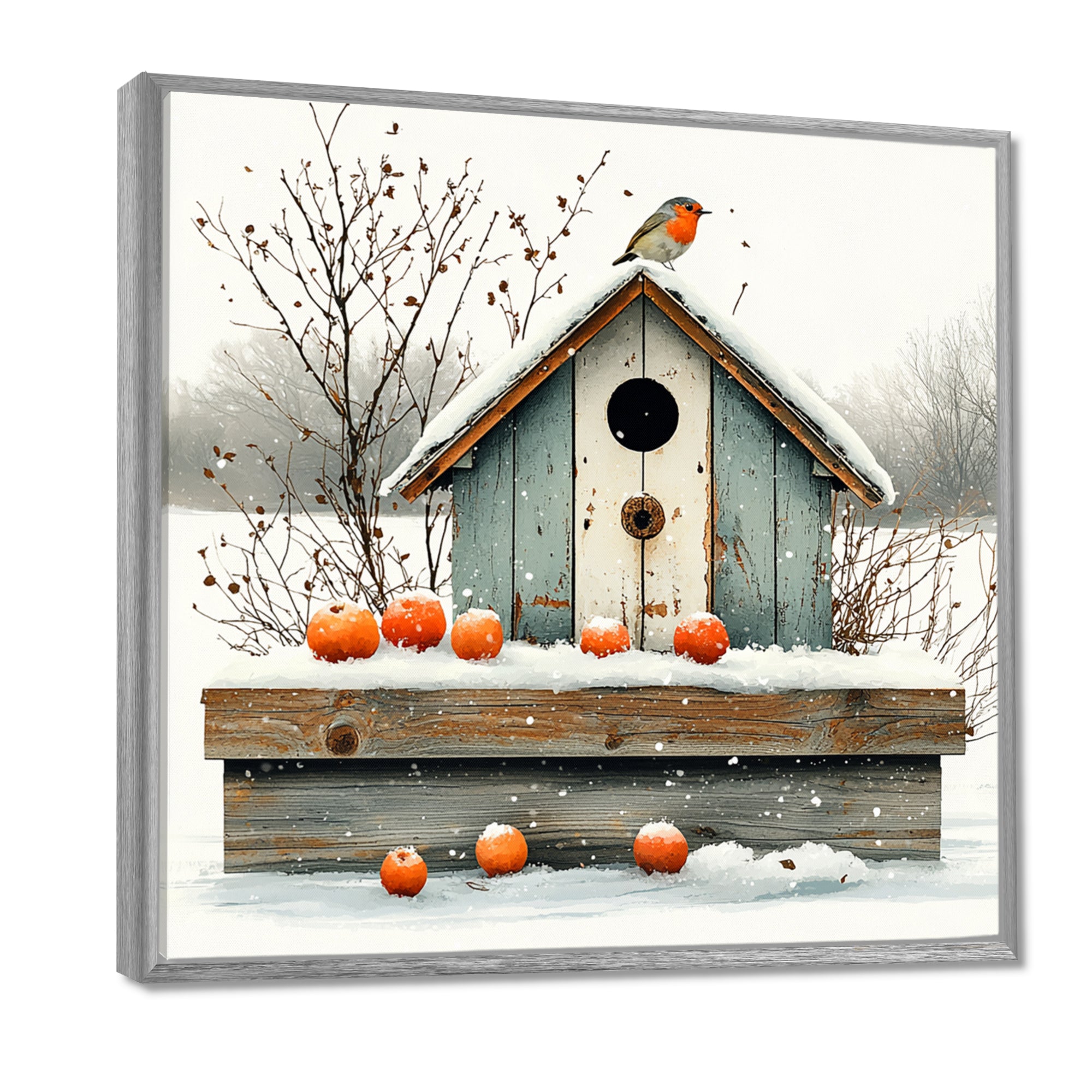 Grey And Orange Bird House Winter Wonderland - Bird House Wall Art Prints