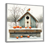 Grey And Orange Bird House Winter Wonderland - Bird House Wall Art Prints