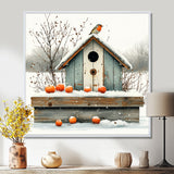 Grey And Orange Bird House Winter Wonderland - Bird House Wall Art Prints