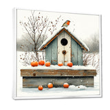 Grey And Orange Bird House Winter Wonderland - Bird House Wall Art Prints