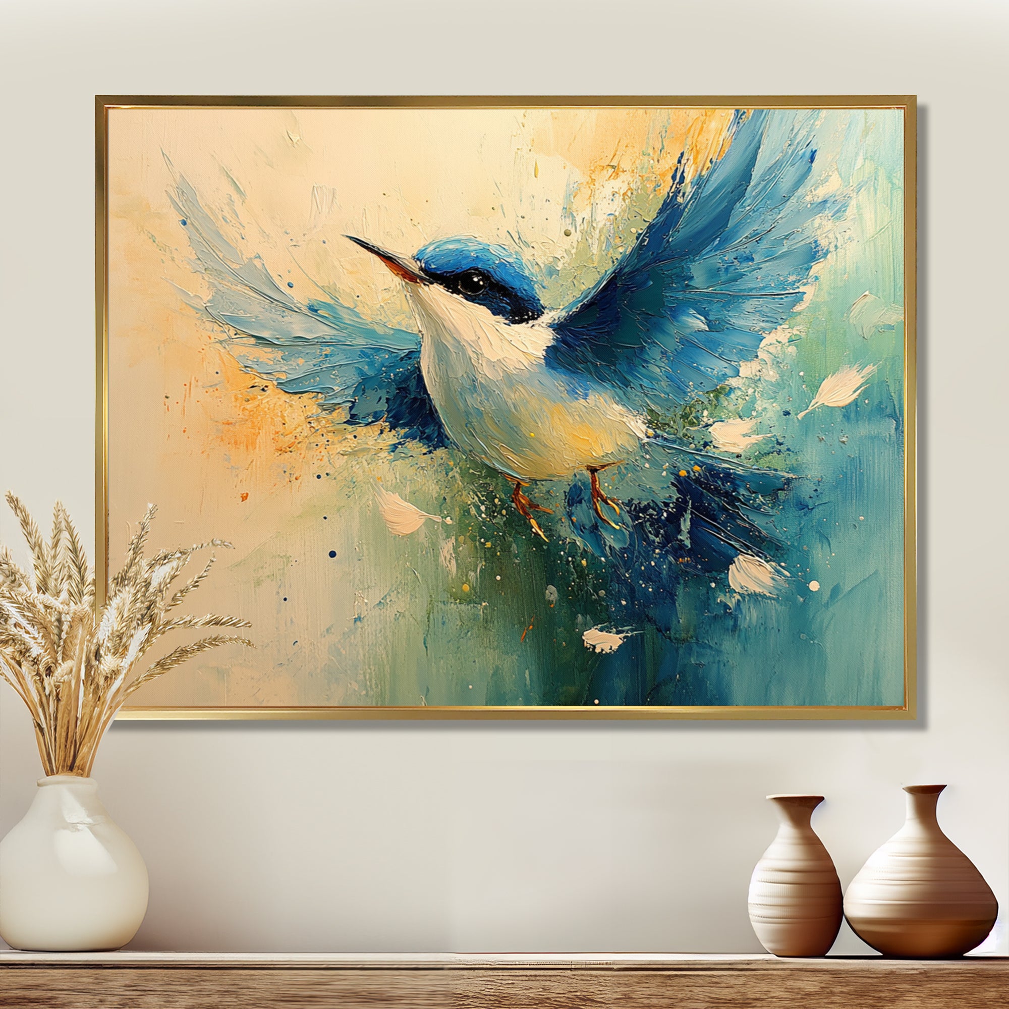 Blue And Yellow Bird Feathered Frenzy - Blue Bird Wall Art
