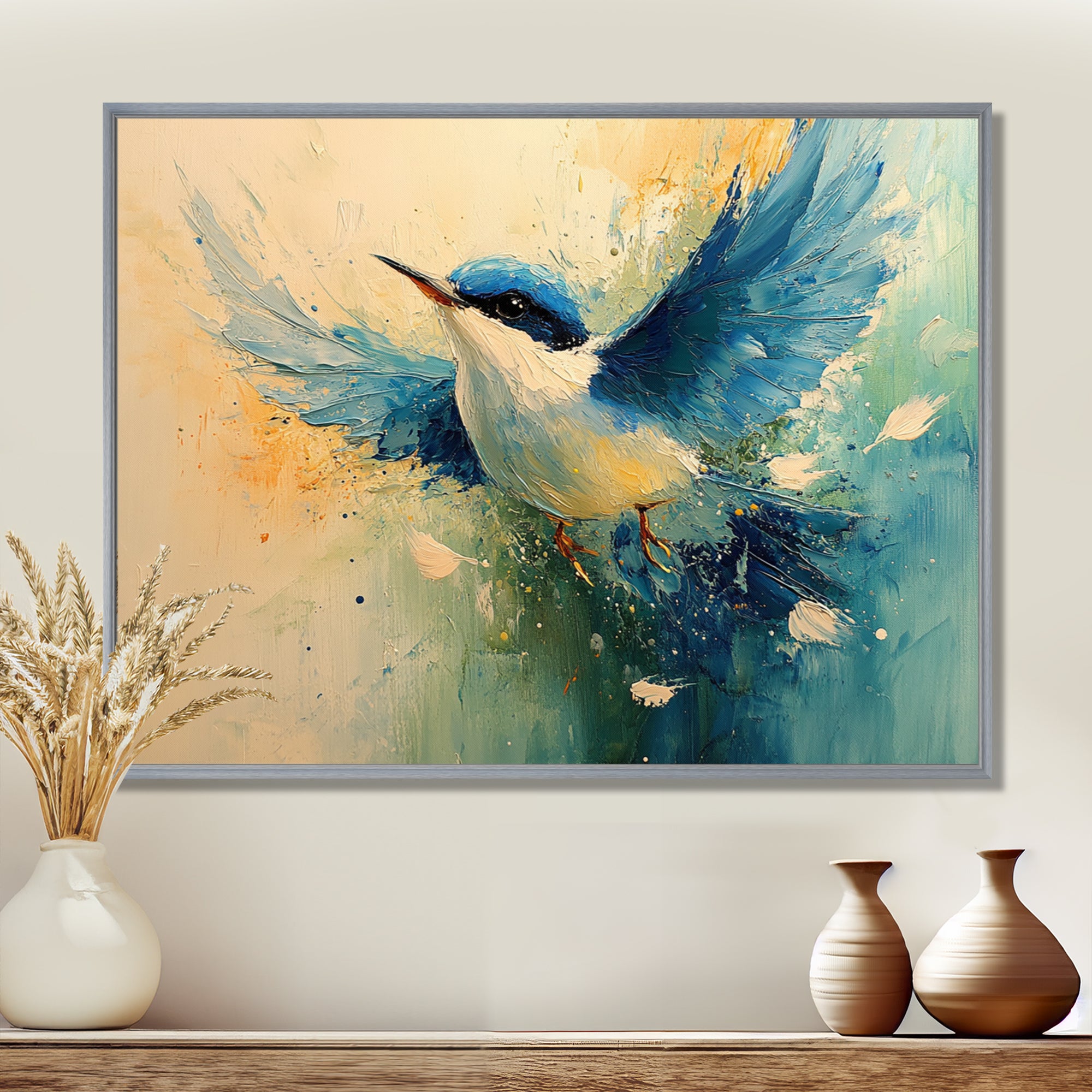 Blue And Yellow Bird Feathered Frenzy - Blue Bird Wall Art