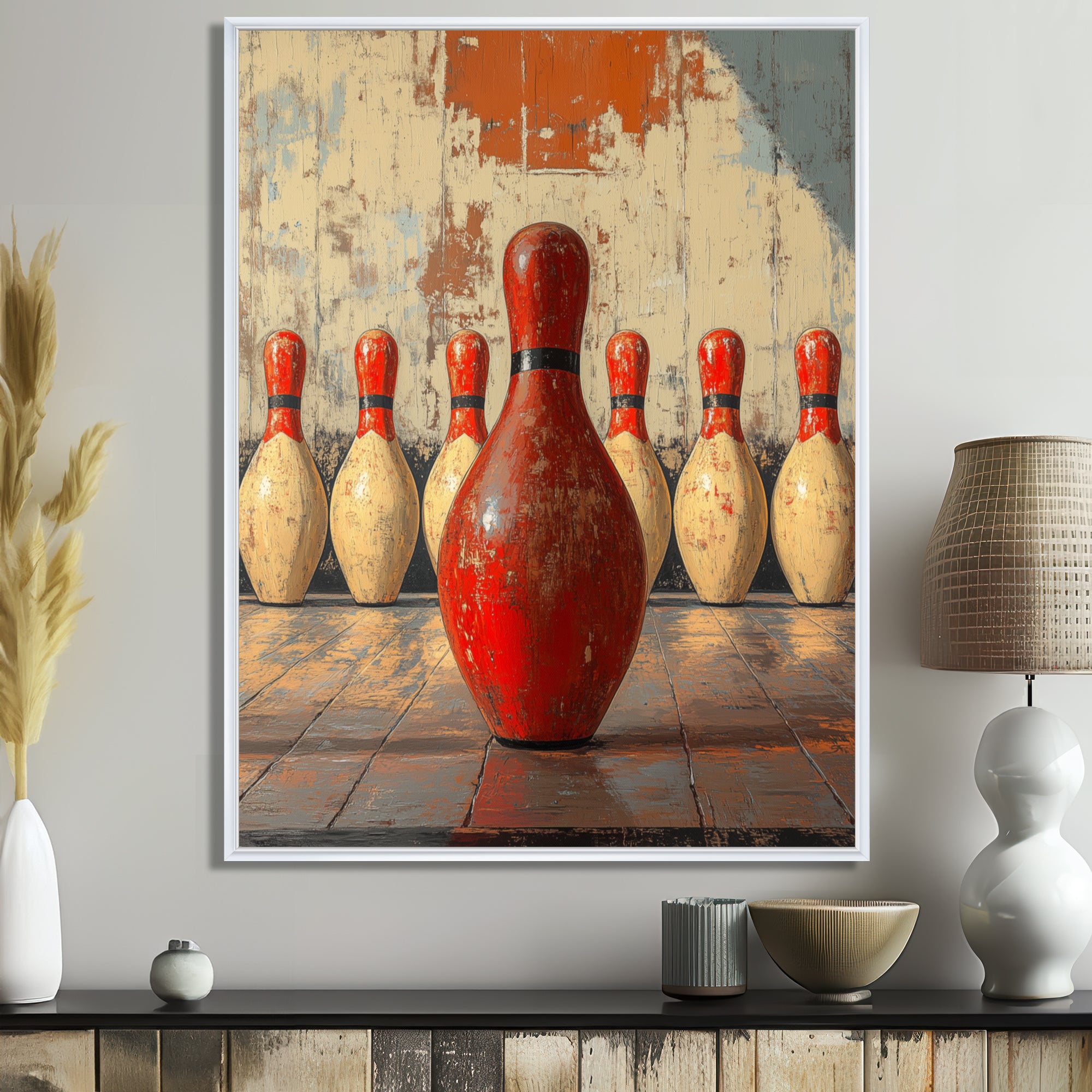 Red And White Bowling Pin Topple - Bowling Canvas Wall Art