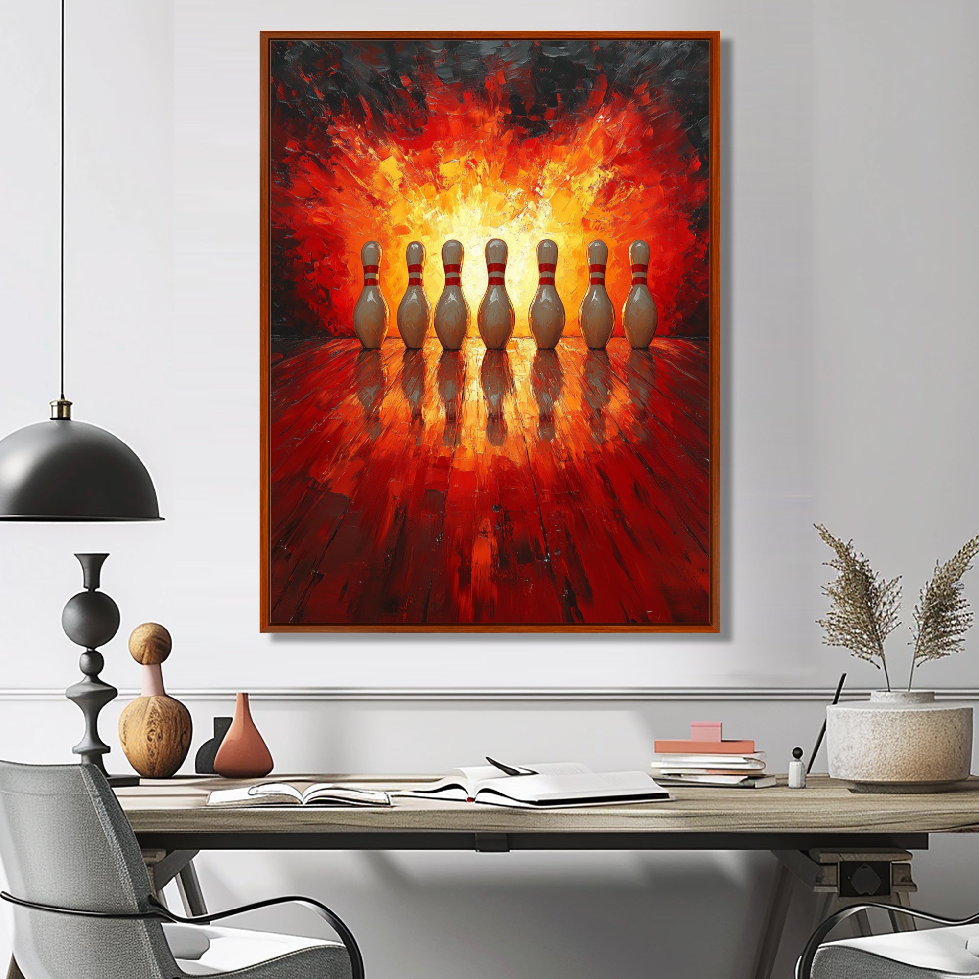 Yellow And Red Bowling Pin Topple - Bowling Canvas Wall Art