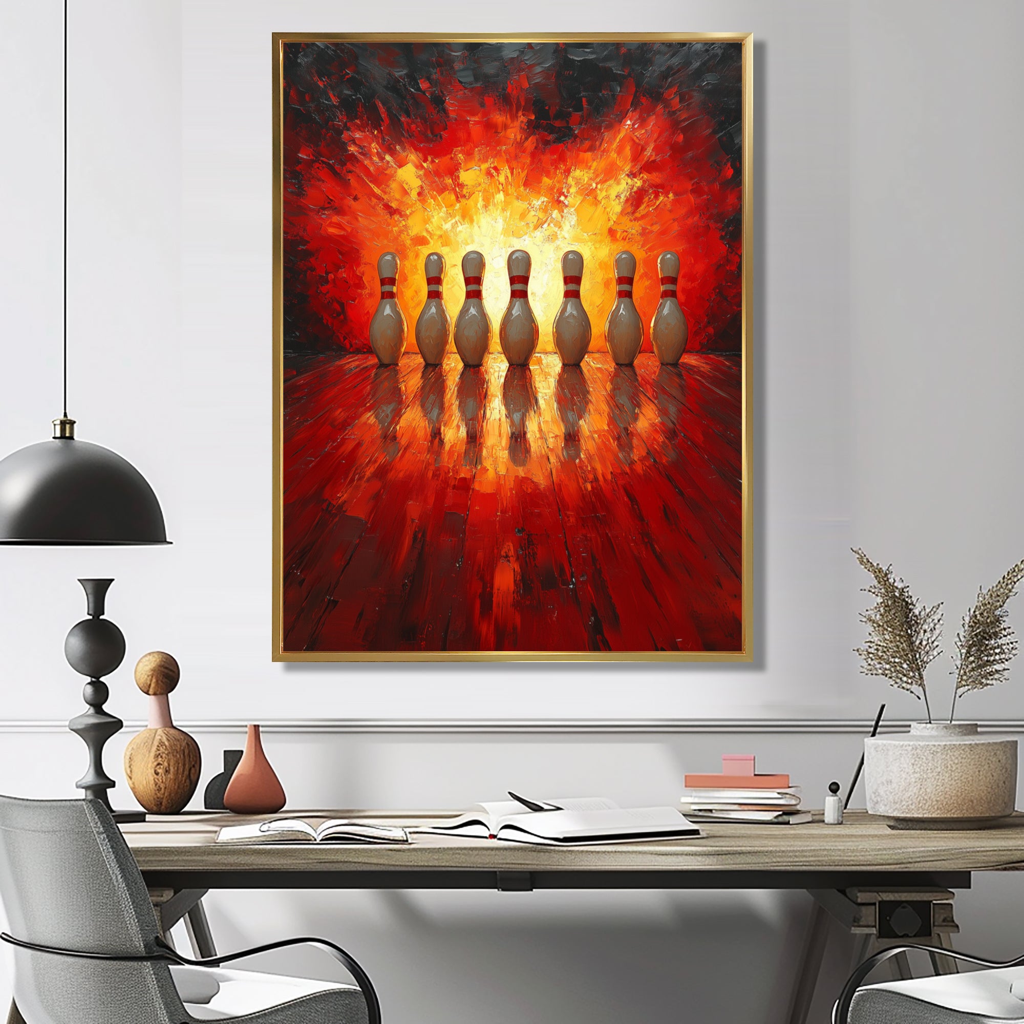 Yellow And Red Bowling Pin Topple - Bowling Canvas Wall Art