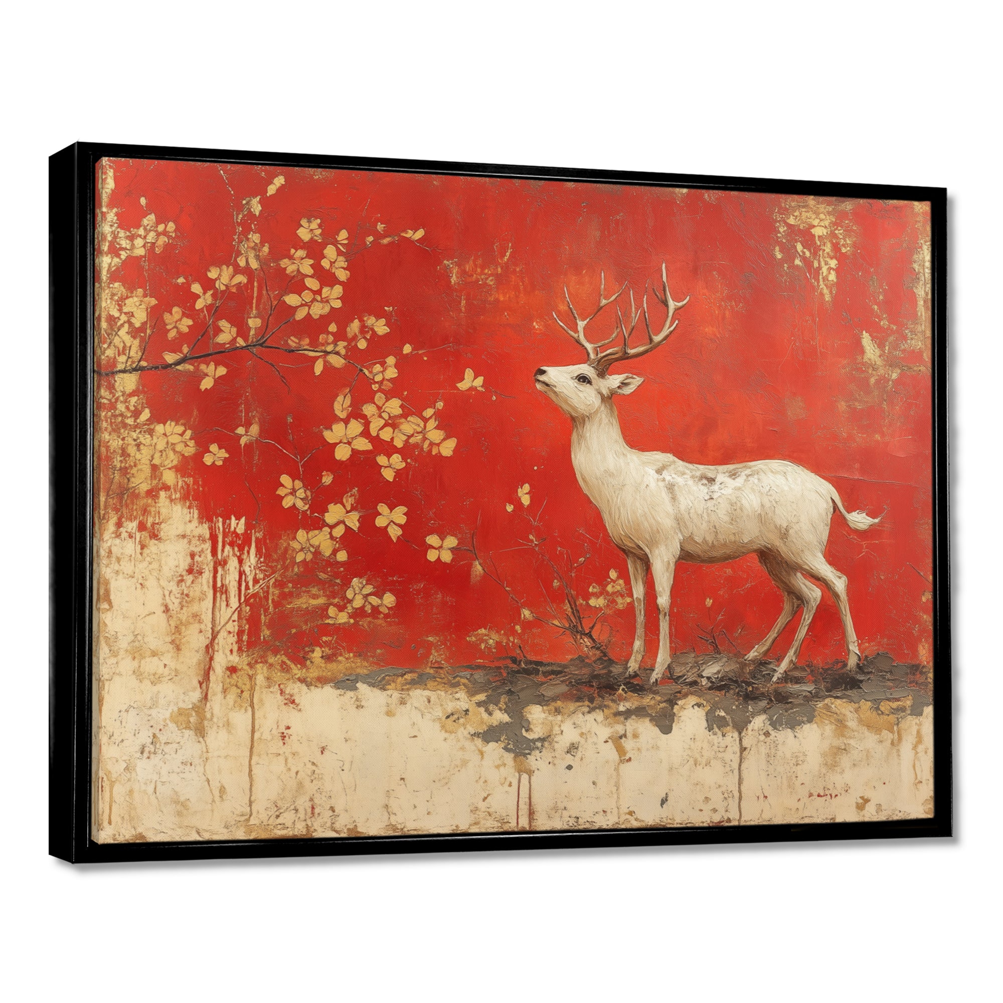 White And Red Deer Chinese Zodiac - Deer Living Room Wall Art