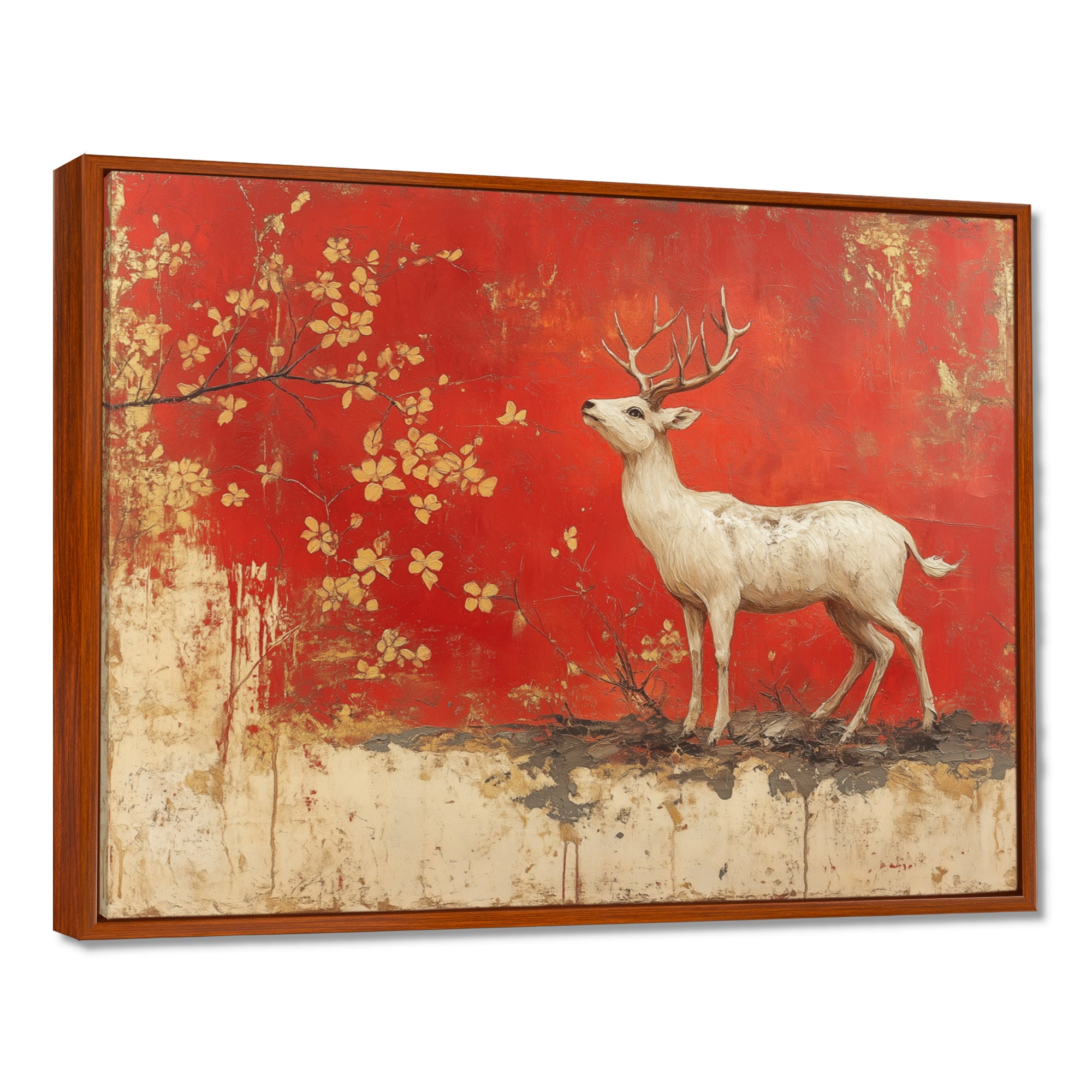 White And Red Deer Chinese Zodiac - Deer Living Room Wall Art