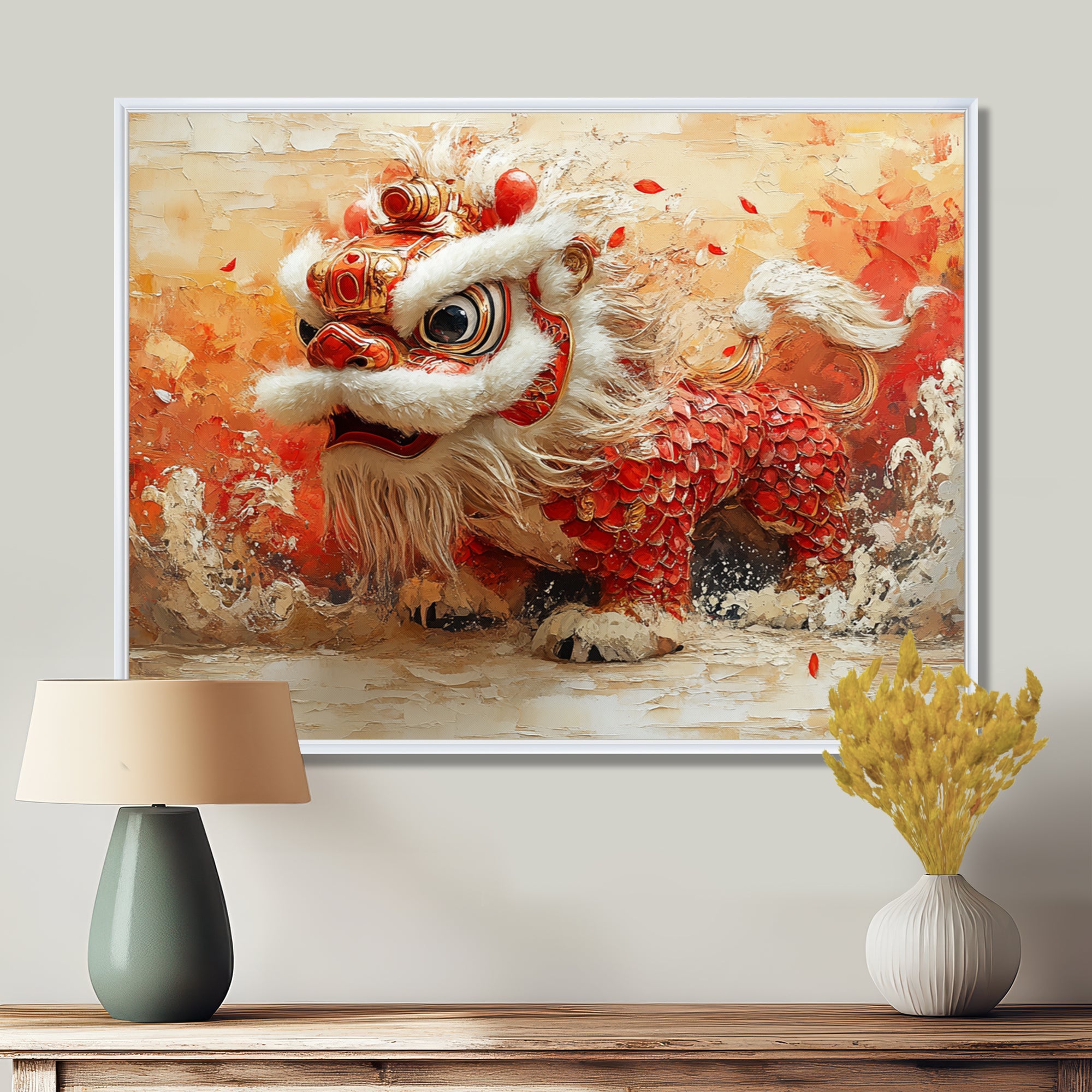Red And White Dragons Lion Dance - Dragons Canvas Wall Art