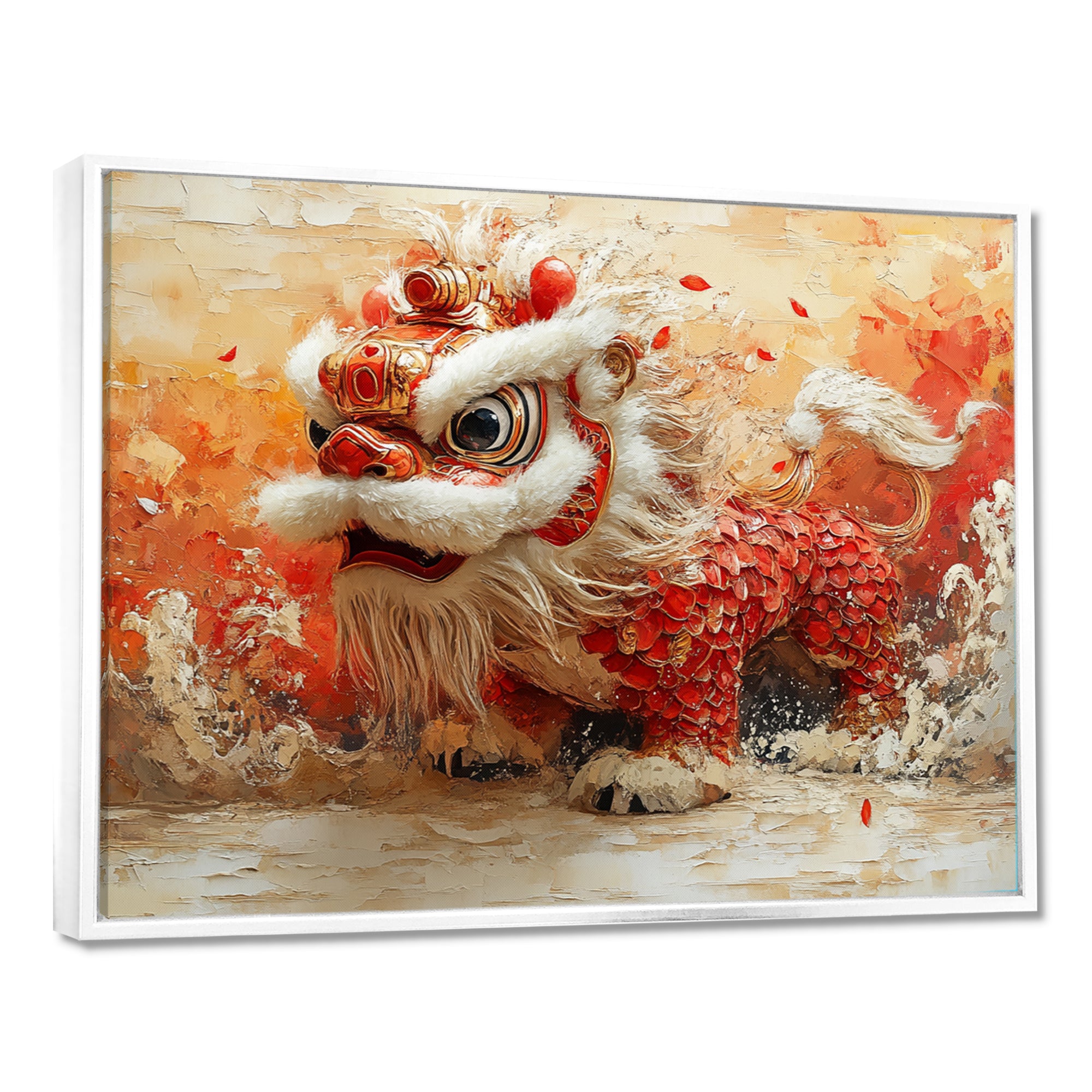Red And White Dragons Lion Dance - Dragons Canvas Wall Art