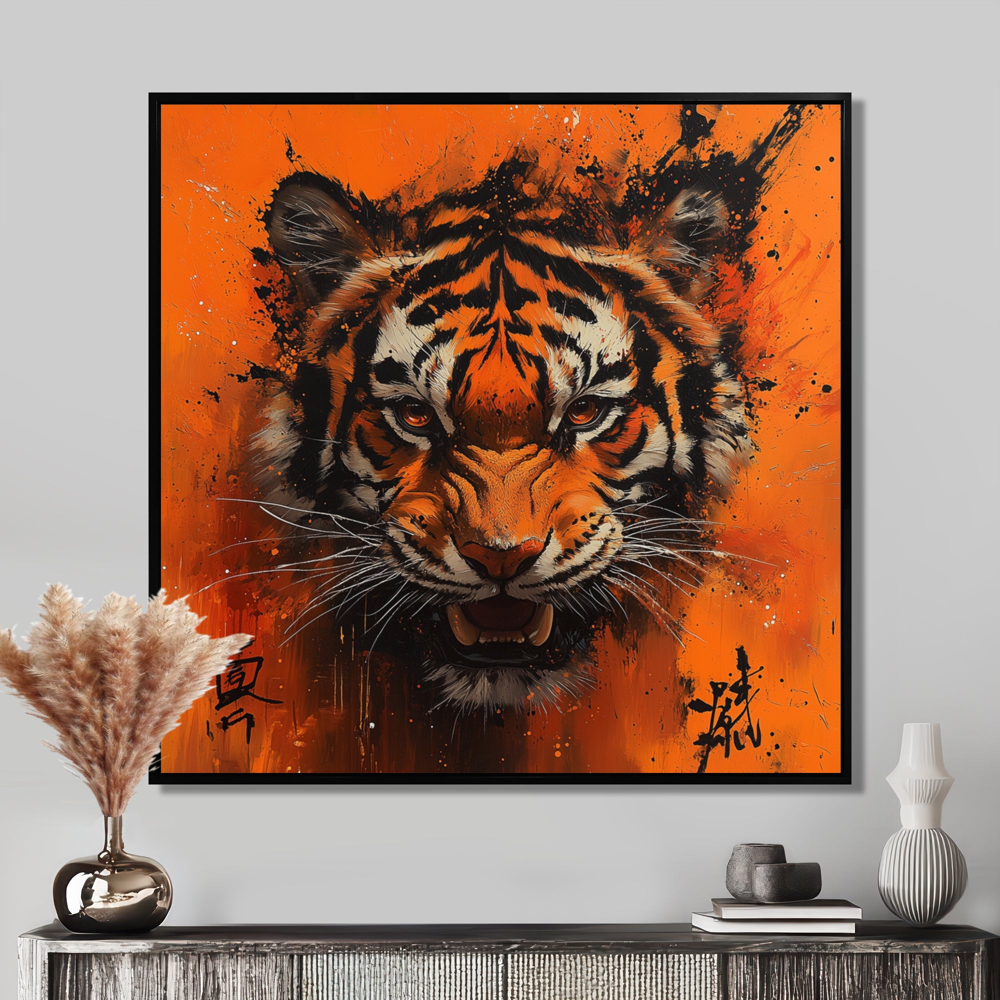 Orange And Black Tiger With Chinese Sign - Tiger Wall Art Prints