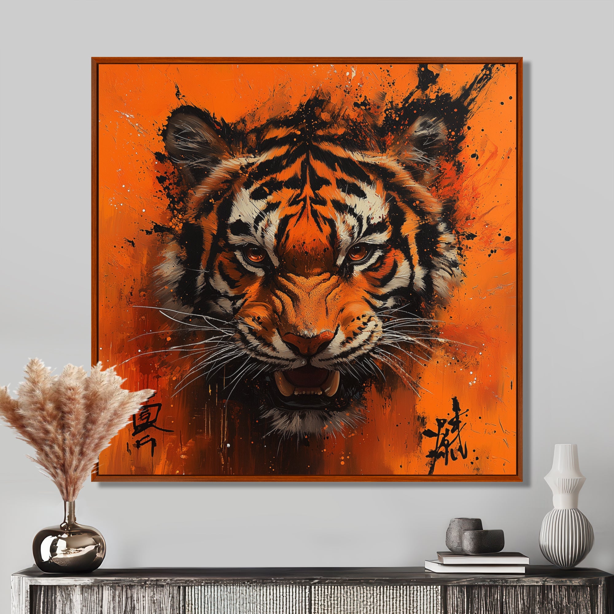 Orange And Black Tiger With Chinese Sign - Tiger Wall Art Prints