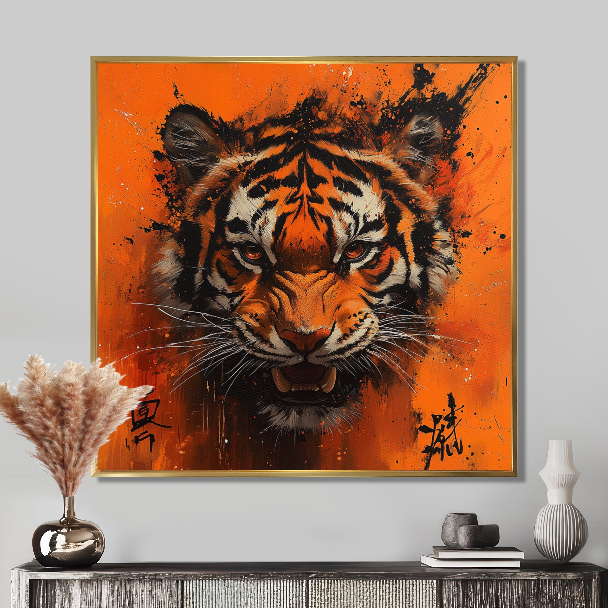 Orange And Black Tiger With Chinese Sign - Tiger Wall Art Prints