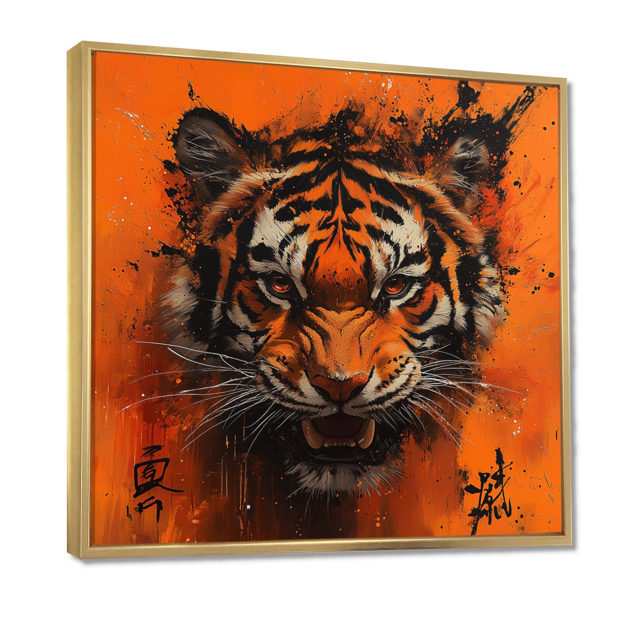 Orange And Black Tiger With Chinese Sign - Tiger Wall Art Prints
