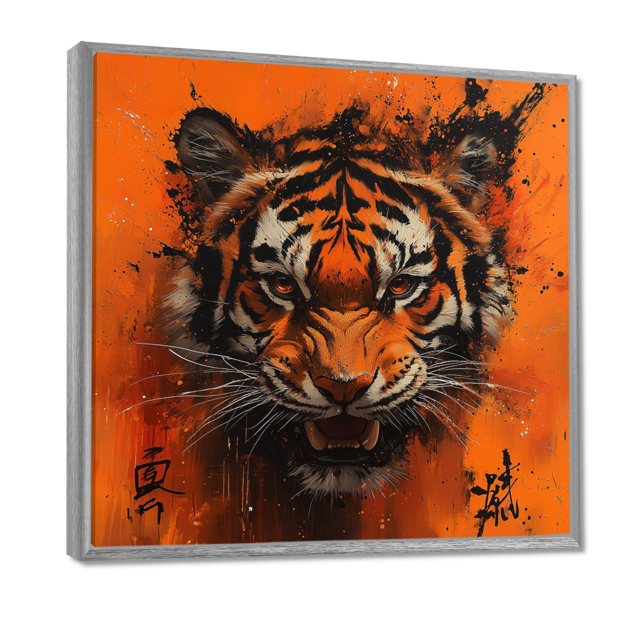 Orange And Black Tiger With Chinese Sign - Tiger Wall Art Prints