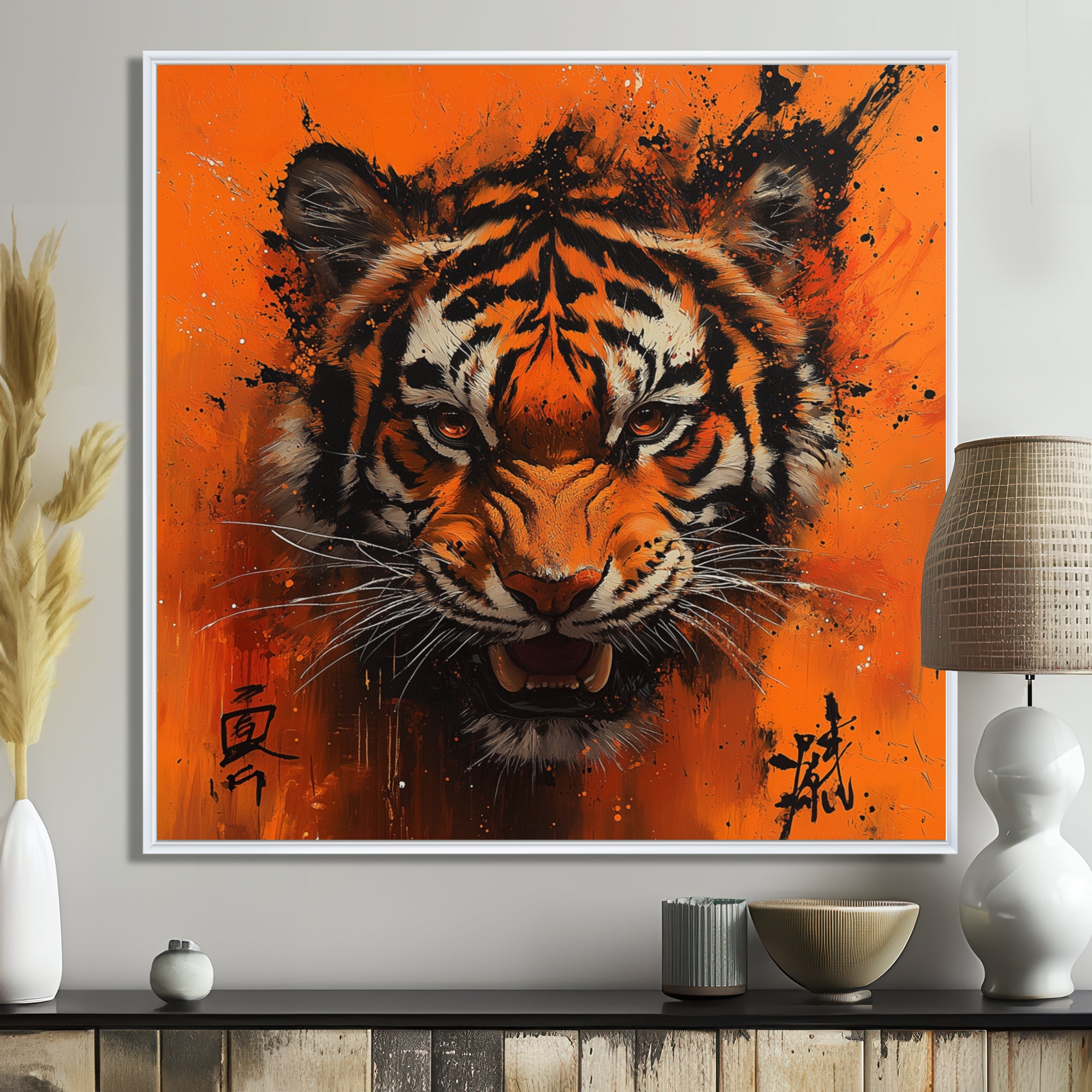 Orange And Black Tiger With Chinese Sign - Tiger Wall Art Prints
